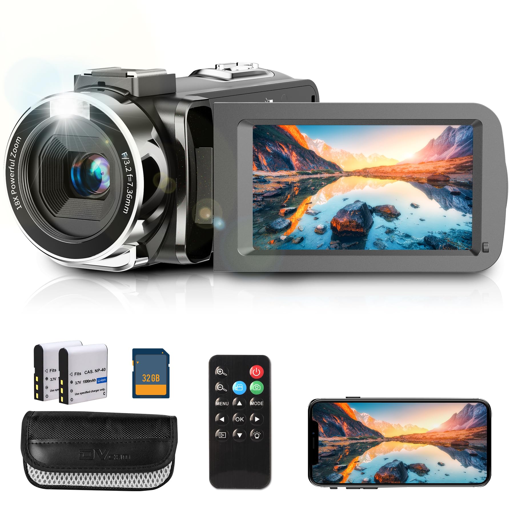 4K Video Camera Camcorder with IR Night Vision, WiFi Digital Camera, 18X Digital Zoom, Vlogging Camera for YouTube, Kids Video Camera, Built in Microphone, Remote, 2X Batteries