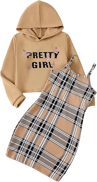 YOURUIKEY Girls 2 Piece Outfits Cami Dresses Hoodie Clothing Set Plaid Bodycon Dress Crop Top Sweatshirt Fall Winter Clothes