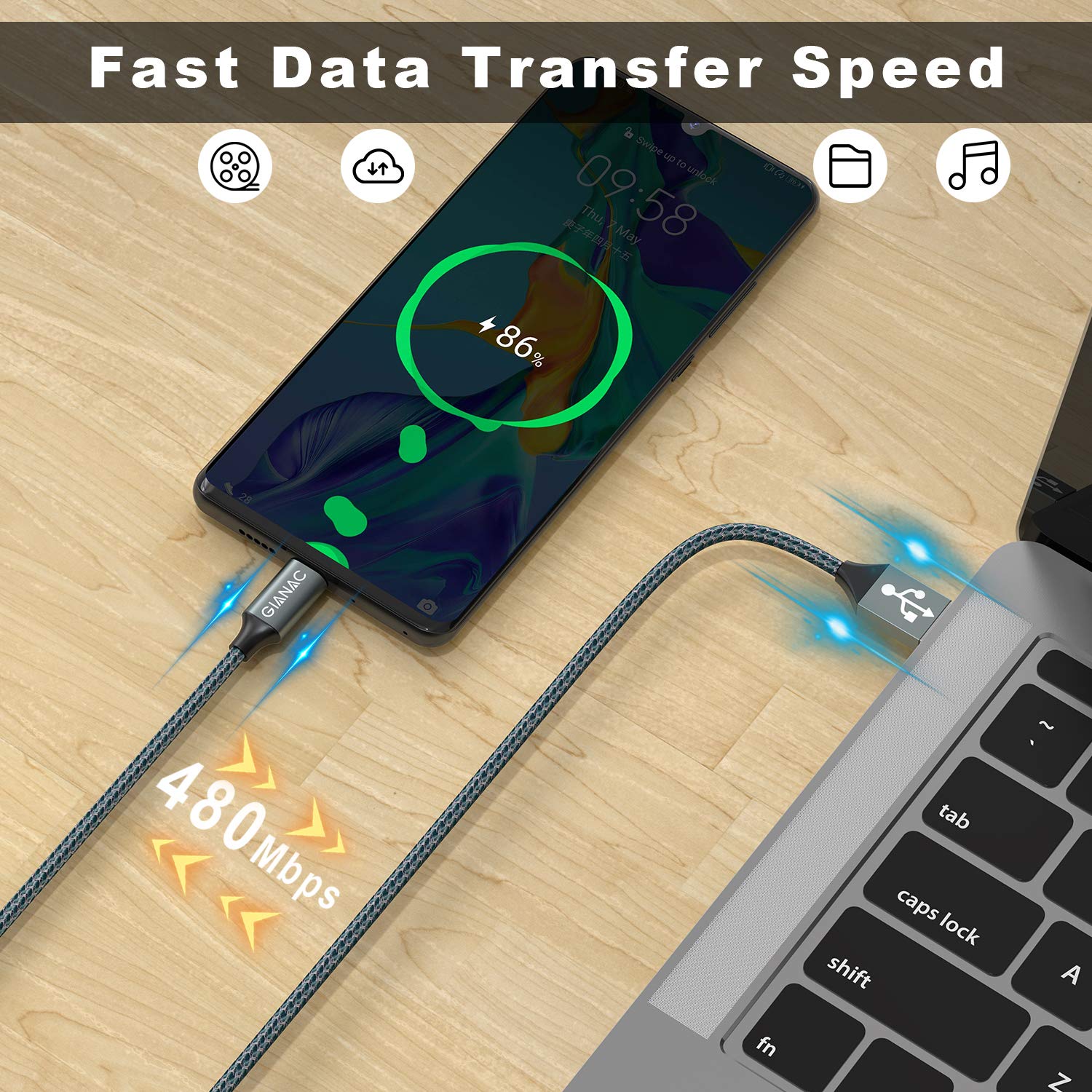 Cavo USB C, GIANAC [2Pezzi: 2m] 3.1A Cavo USB Type-C Nylon Caricatore Ricarica Rapida Cavo Tipo C per Samsung S8 S9 S10 A30 A40 A50 A70,Huawei P9 P20 P10 P30, Xiaomi,Sony,OnePlus