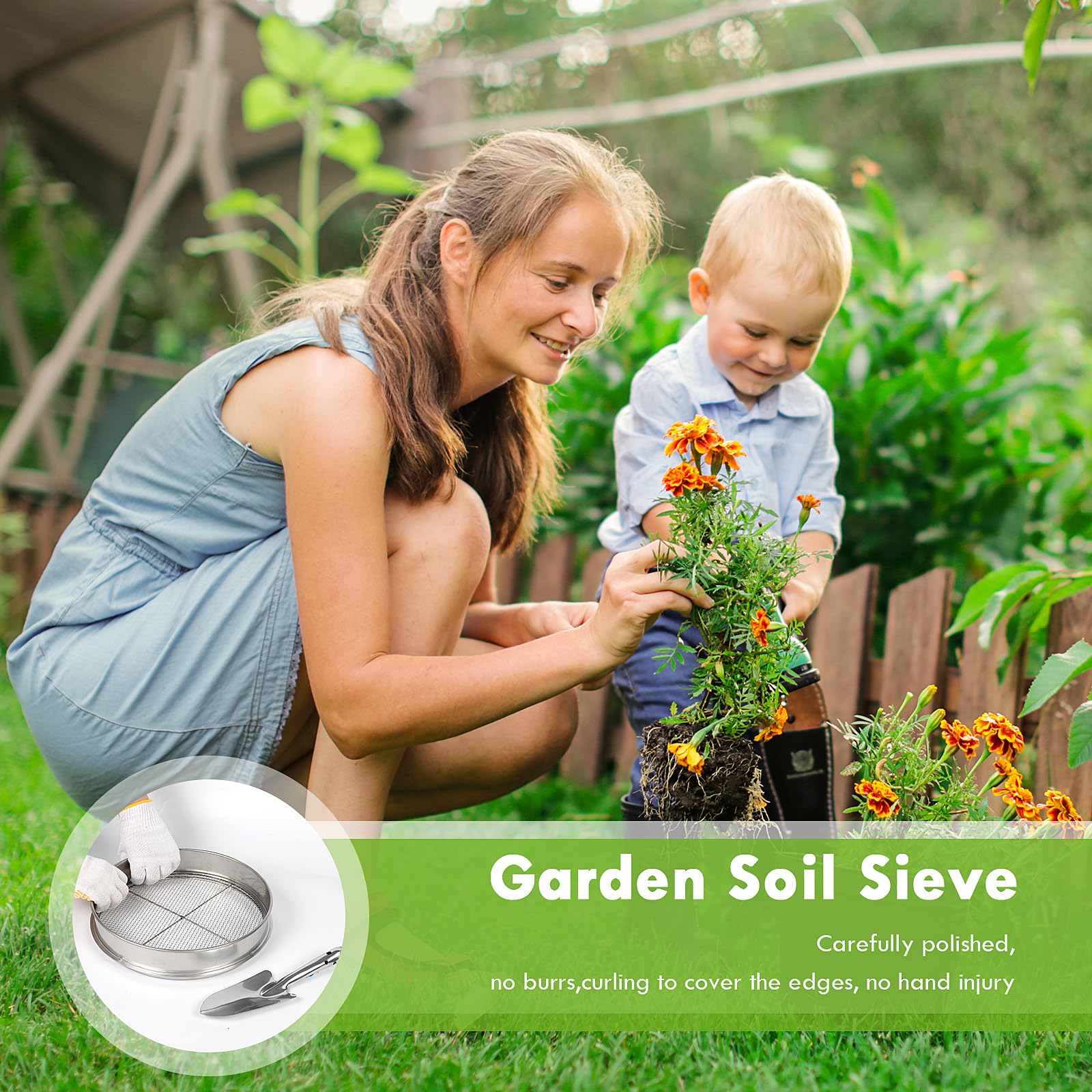 Tamis de Sol pour Le Jardinage, Tamis de Sol en Acier Inoxydable de 12 Pouces avec 5 écrans Fins Remplaçables, Gants et Pelle, Tamis pour Sable, 3mm, 5mm, 8mm, 10mm, 12mm (Argent)