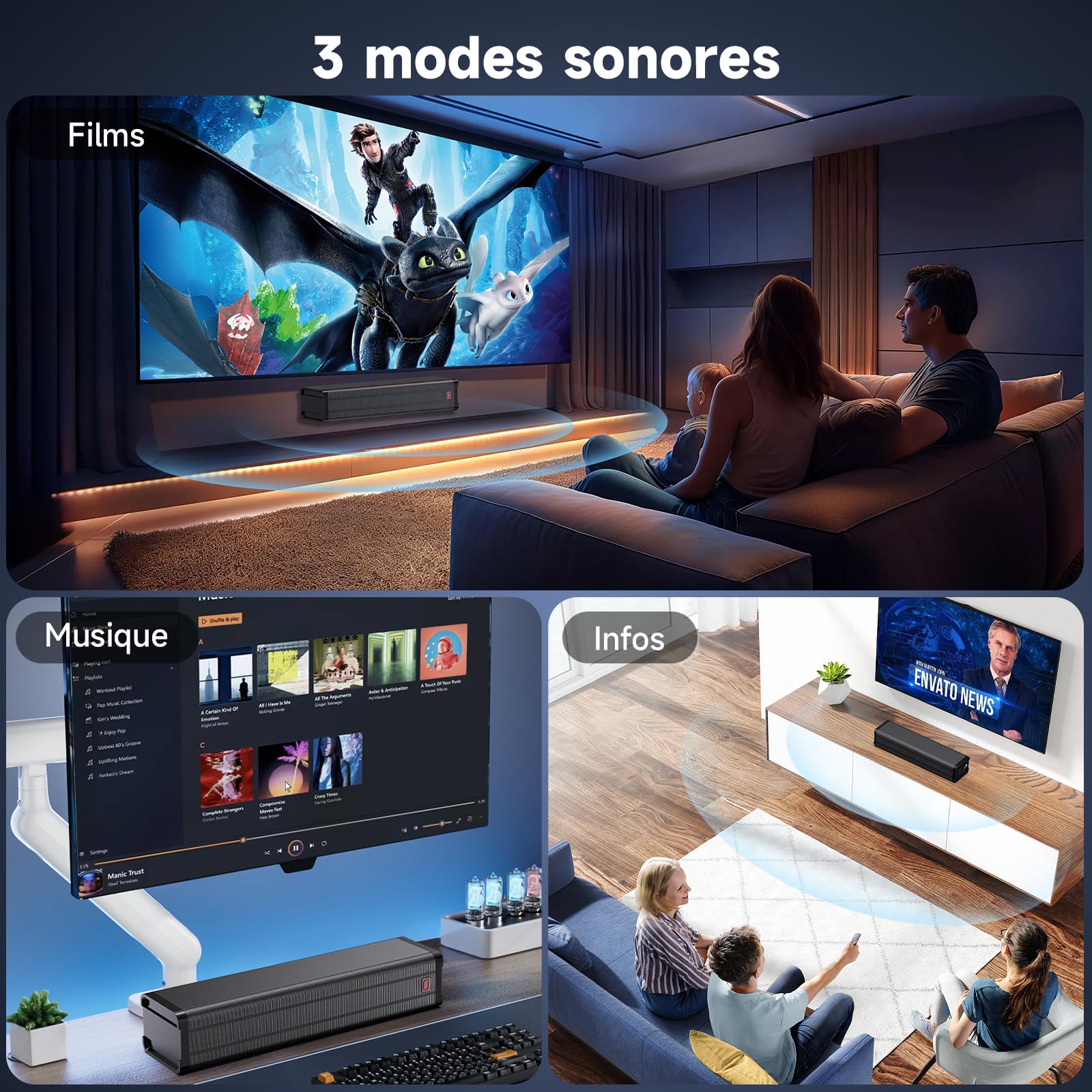 JYX Barre de Son TV 100W Bluetooth 5.4 HDMI Arc Optique AUX USB avec Tweeter Woofer 4 Pouces
