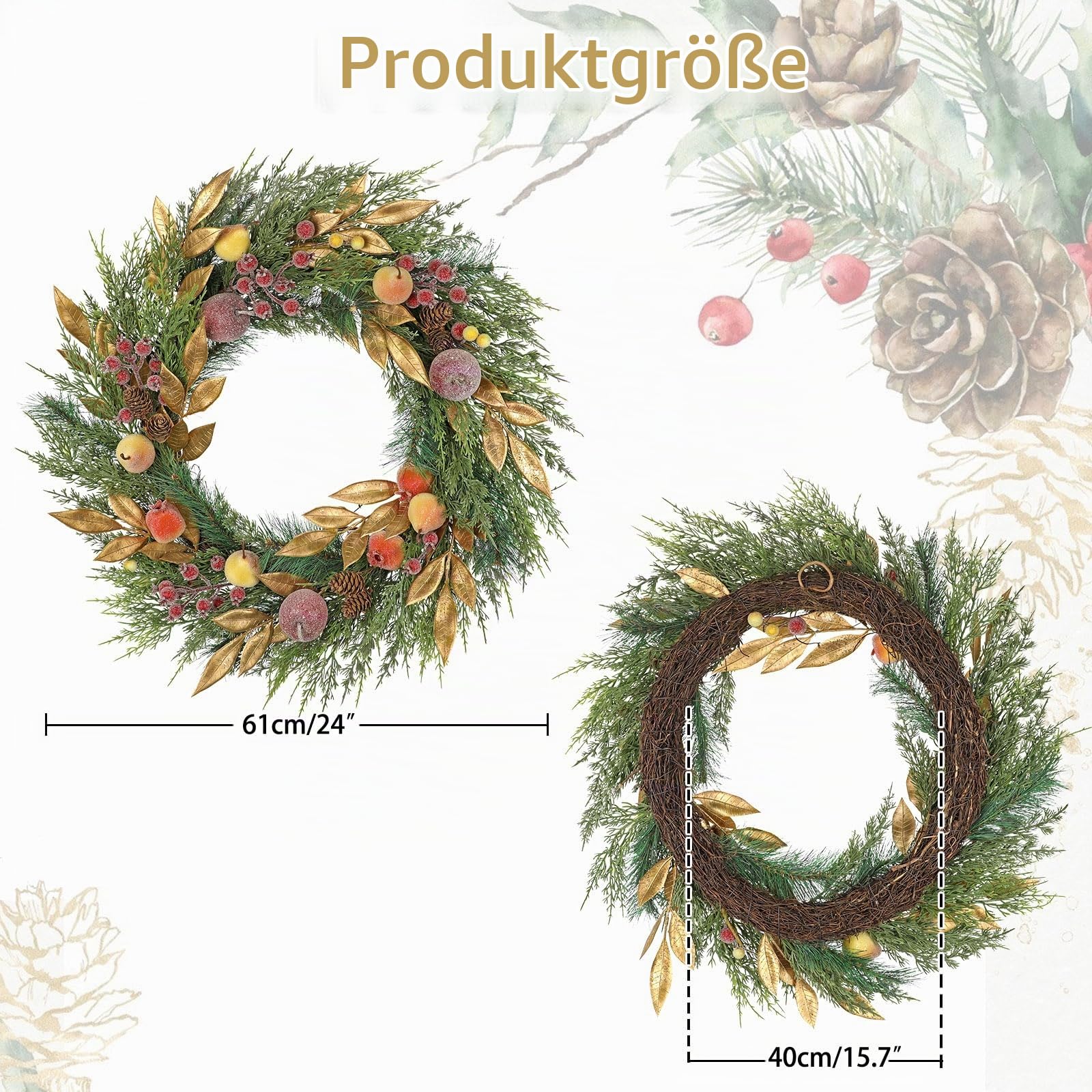 Türkranz 60 cm Kranz Zypresse Künstlich Türkranz Tischkranz mit Beeren Tannenzapfen Früchte zum Aufhängen Ganzjährige Dekoration Weihnachtsdeko für Zuhause Wand