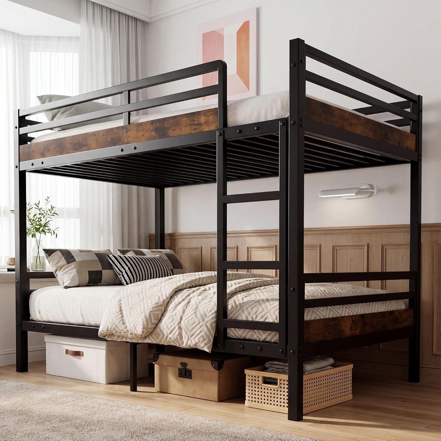 Metal Bunk Bed Twin Over Twin, 500lb Capacity Noise-Free with Safety Guardrails, Space-Saving Frame with Under Bed Storage, Rustic Brown