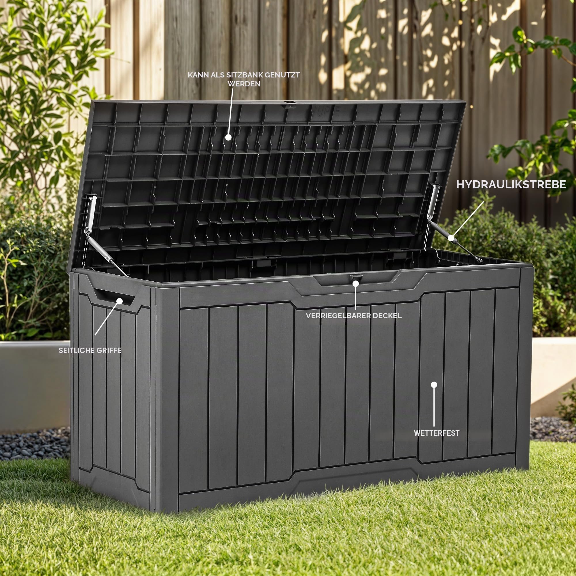 YITAHOME 100-Gallonen-Harz-Terrassenspeicherbox, wetterbeständige Outdoor-Speicherbox, abschließbare Innen- und Außenlagerung für Vorräte und Lebensmittel, dunkelgrau