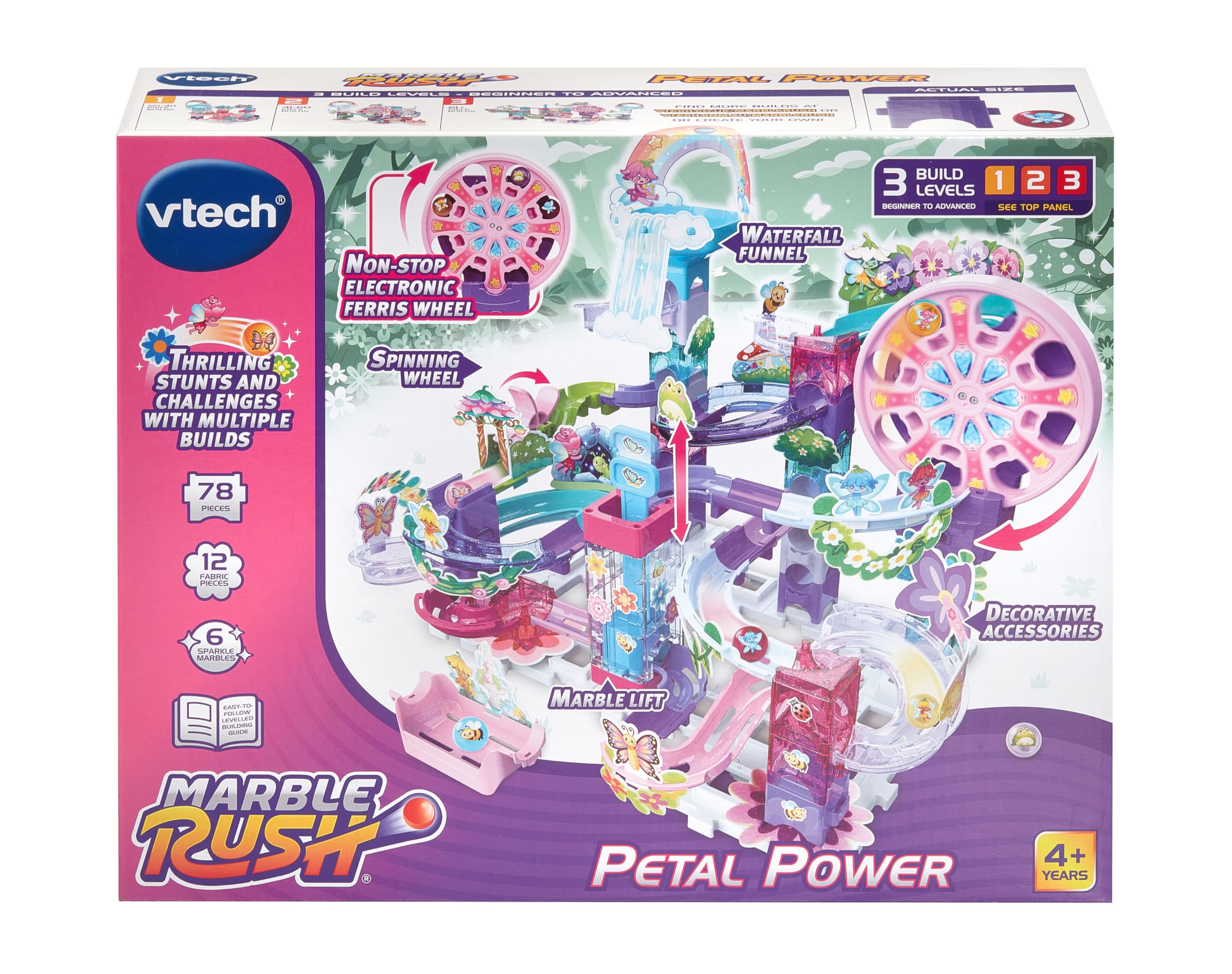 VTech Marble Rush Petal Power, Juego de construcción para niños, 96 Piezas de construcción y 6 canicas, Carrera interactiva de mármol con temática de Flores, Juego imaginativo, Adecuado para 4, 5, 6