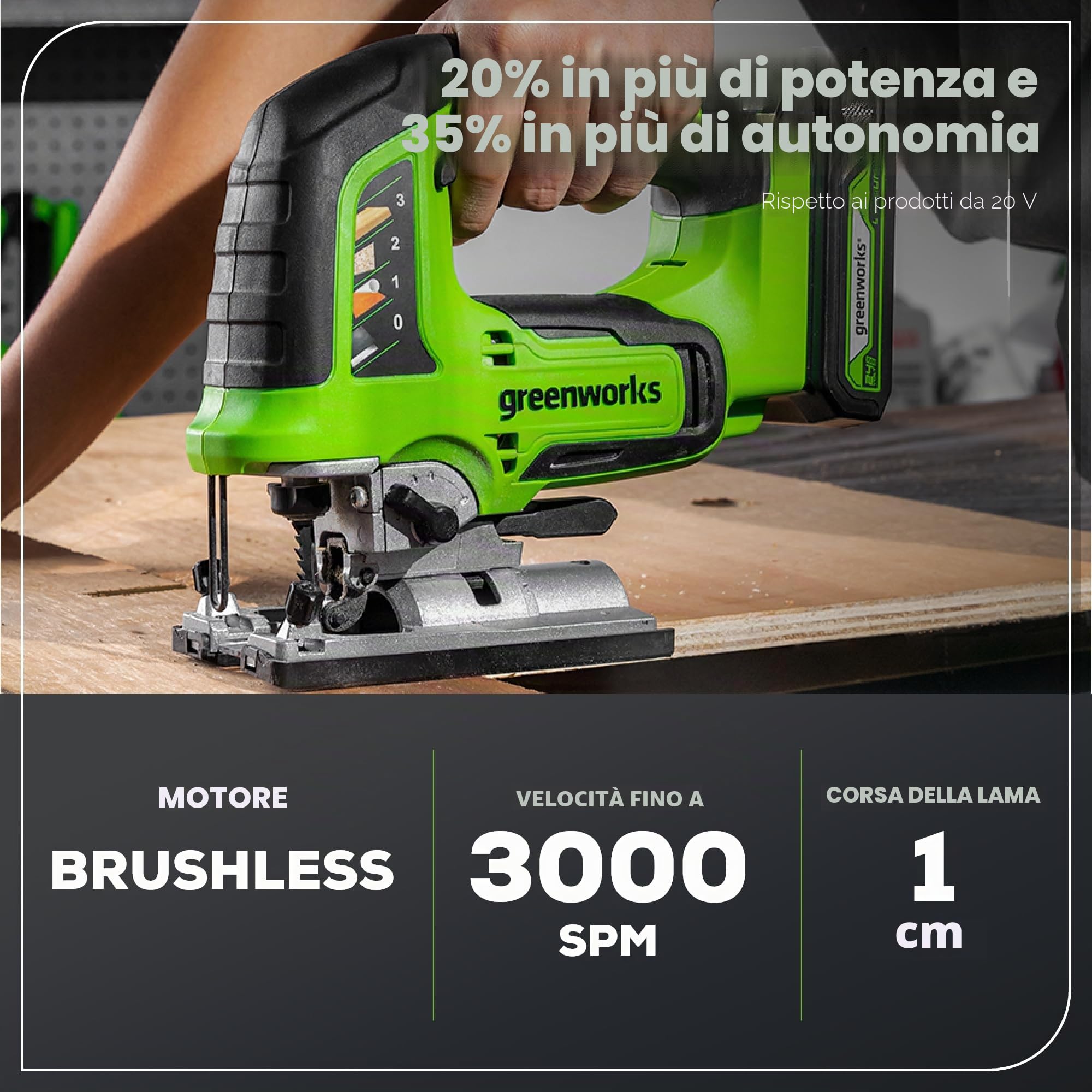 Greenworks Sega a batteria da 24 V e sega universale a batteria, altezza di sollevamento 26 mm, brushless, con lama per sega, batteria da 2 Ah e caricatore