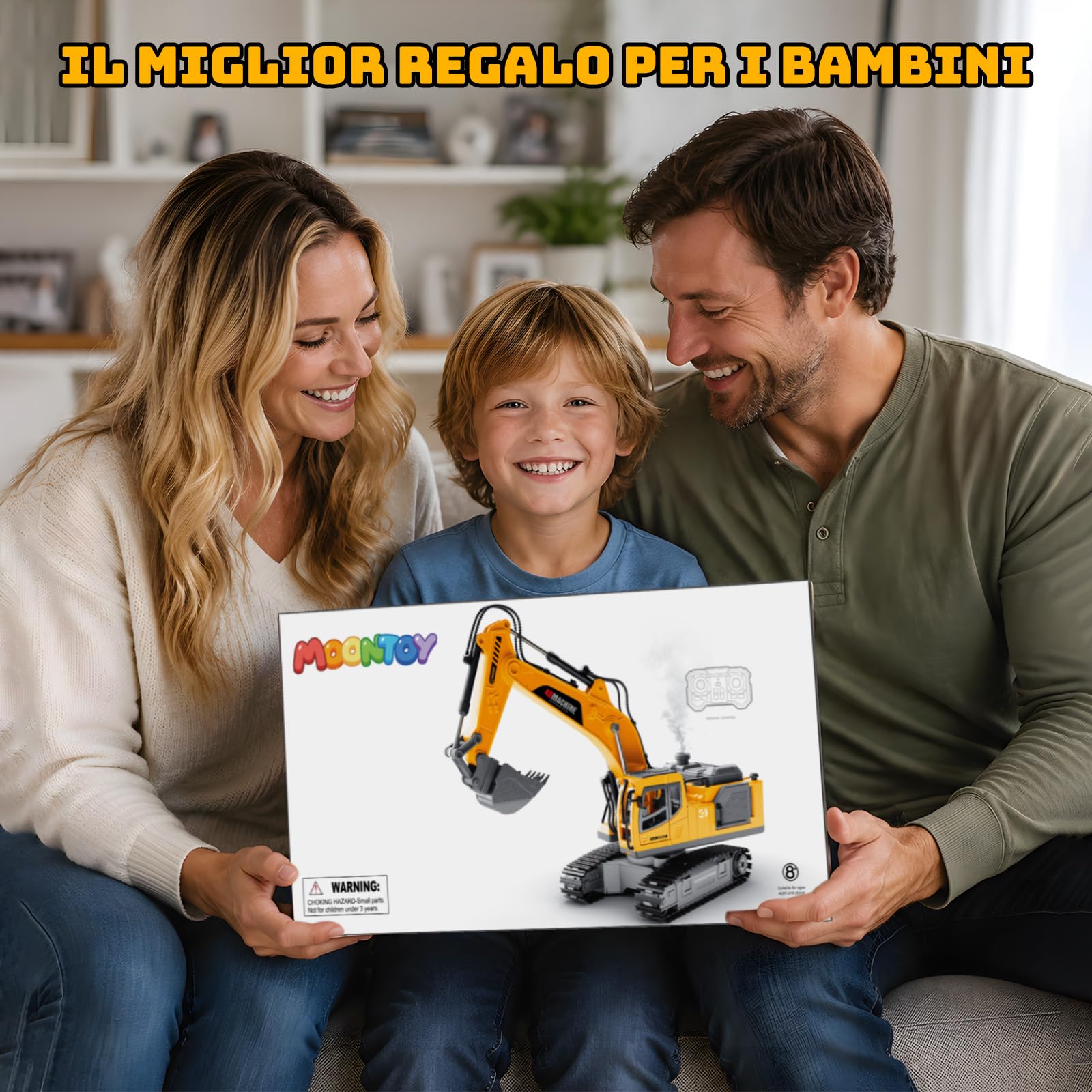 MOONTOY Escavatore Radiocomandato 3‑in‑1, 2,4 GHz RC 1:18 14 Canali, Benna Metallica, Pinza & Martello Demolitore, Luci, Suoni, Vapore, Rotazione 720°, Giocattolo Regalo Bambino 6 7 8 9 10 Anni