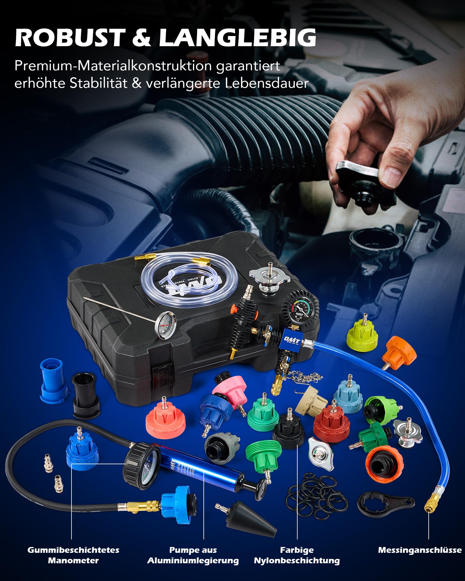 Orion Motor Tech Kühlsystem Abdrückgerät Set, 31-TLG. Master Kühlmittel Vakuum Befüllgerät mit 23 Kühler-Adaptern, Kühlsystem Entlüftungsgerät & Vakuum-Füllwerkzeug für PKW
