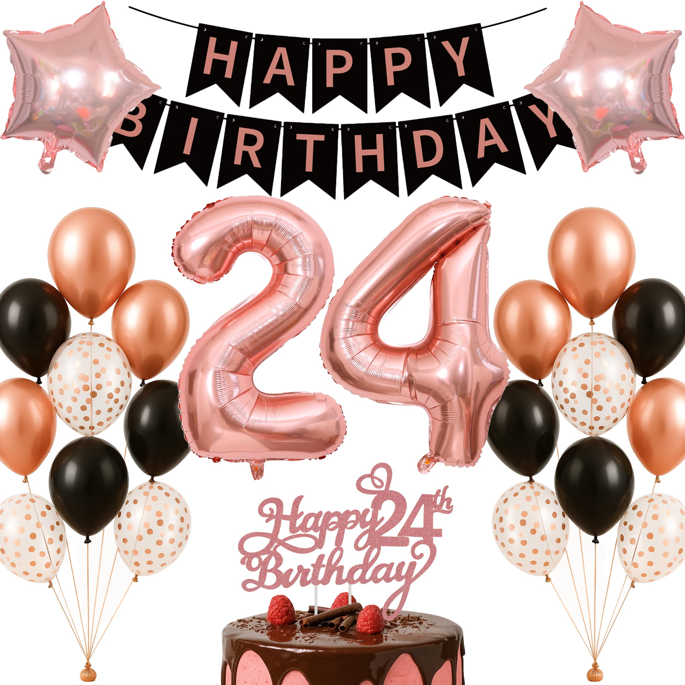 24th Birthday Decorations Set Rose Gold Black Theme Happy Birthday Banner Balloon Decor Photo Backdrop for Women Men Adults Turning 24 Age 24 Party Supplies Celebration Decor Event Bundle Bunting Set