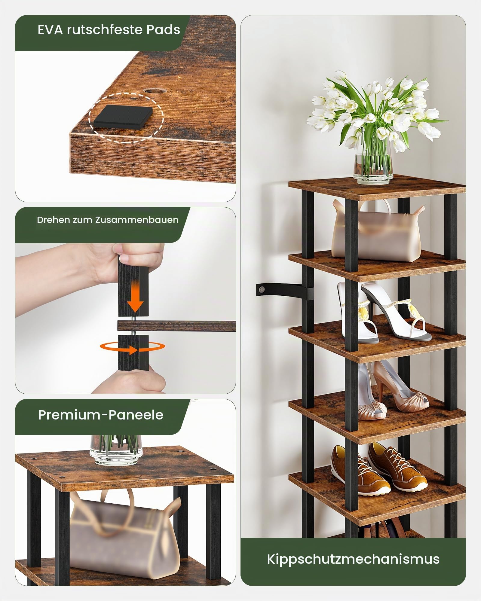 CHOEZON Schmales Schuhregal mit 9 Ebenen, Vertikale Schuhablage, DIY-Schuhregal im Industriestil, Schuhaufbewahrung, für kleine Räume und Flure, Vintagebraun und Schwarz DMXJ01BF