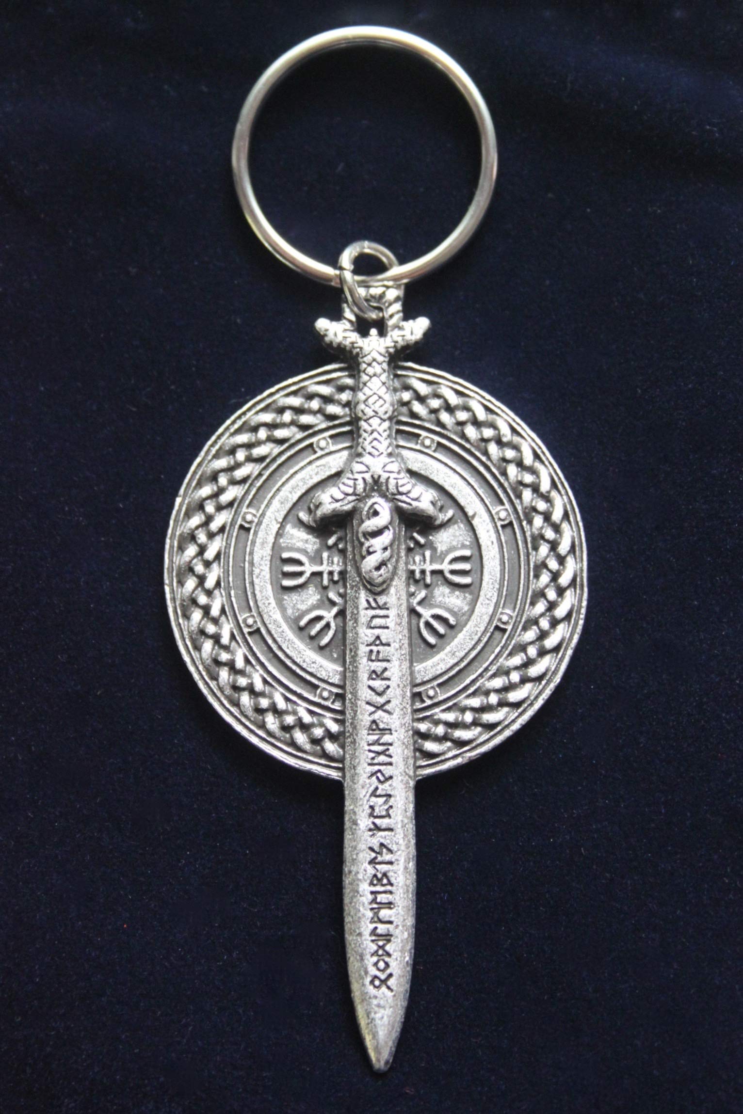Sworldesigns Silver Viking Rune Sword And Aegishjalmur Shield Keyring With Gift Pouch