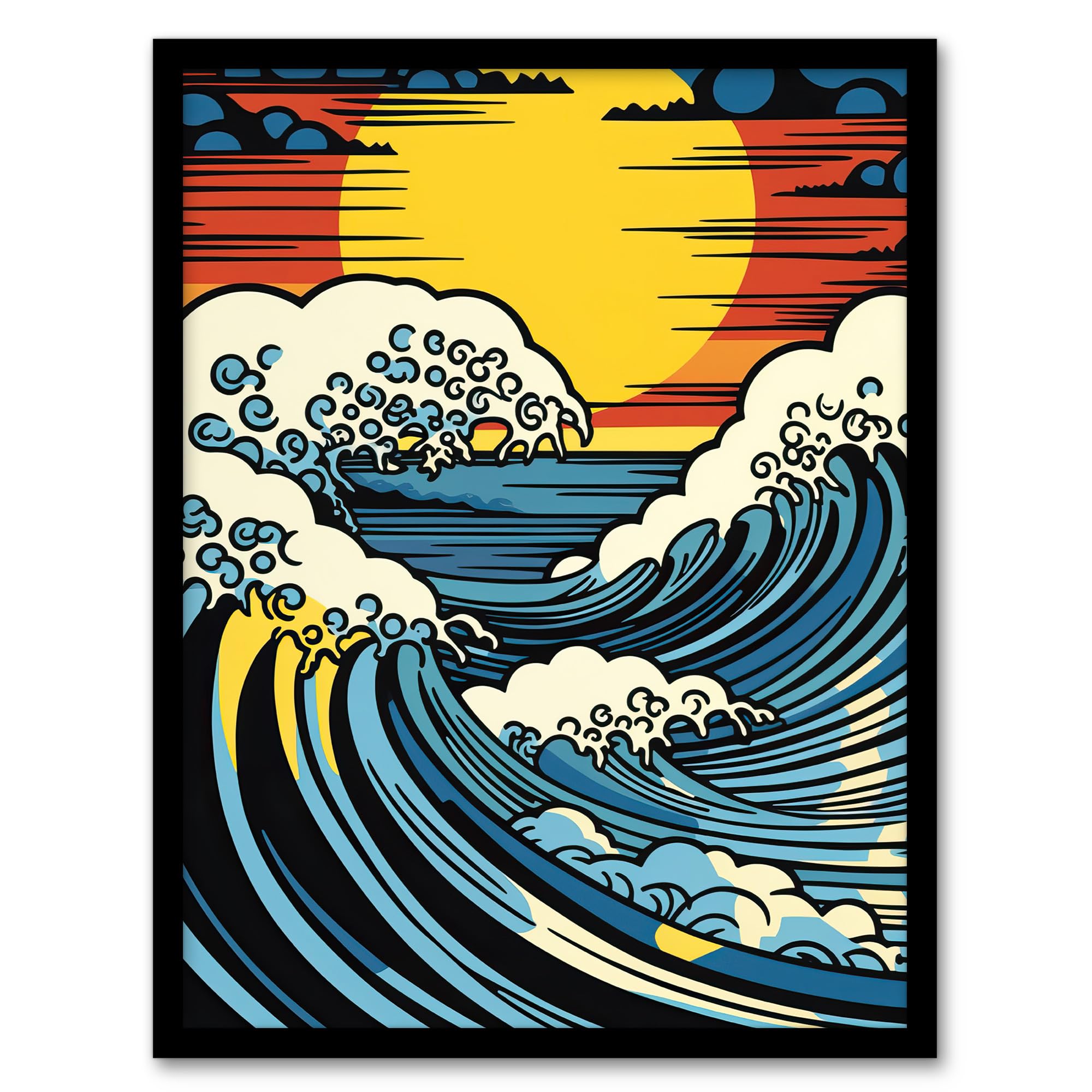 Artery8 The Great Wave Modern Seascape Artwork Comic Book Pop Art Sunset Artwork Framed Wall Art Print 18X24 Inch