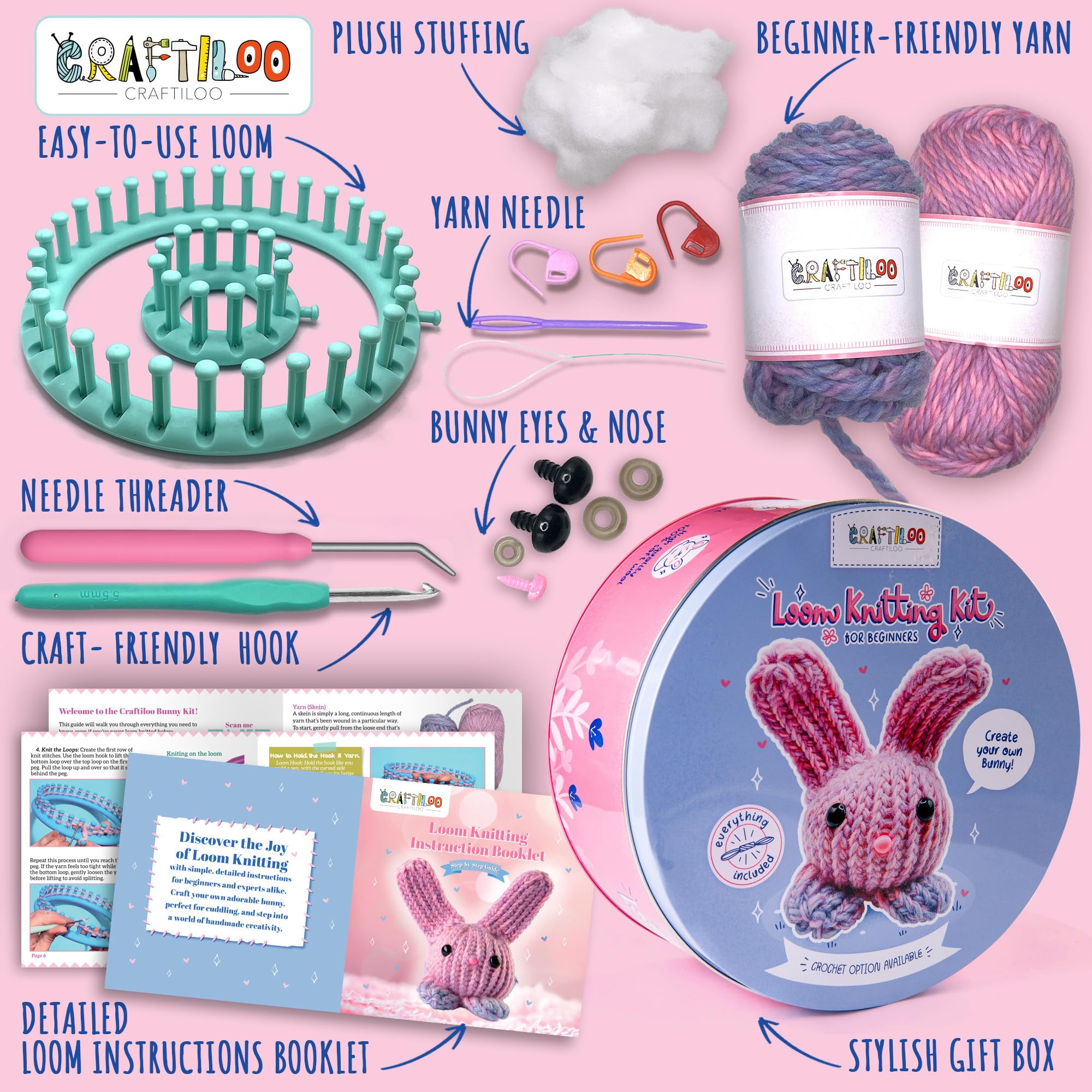 CRAFTILOO Strick- und Häkelset für Kinder, Häkelset für Anfänger, Strickset für Anfänger, Strickwebstuhl, Häkelset für Erwachsene und Anfänger