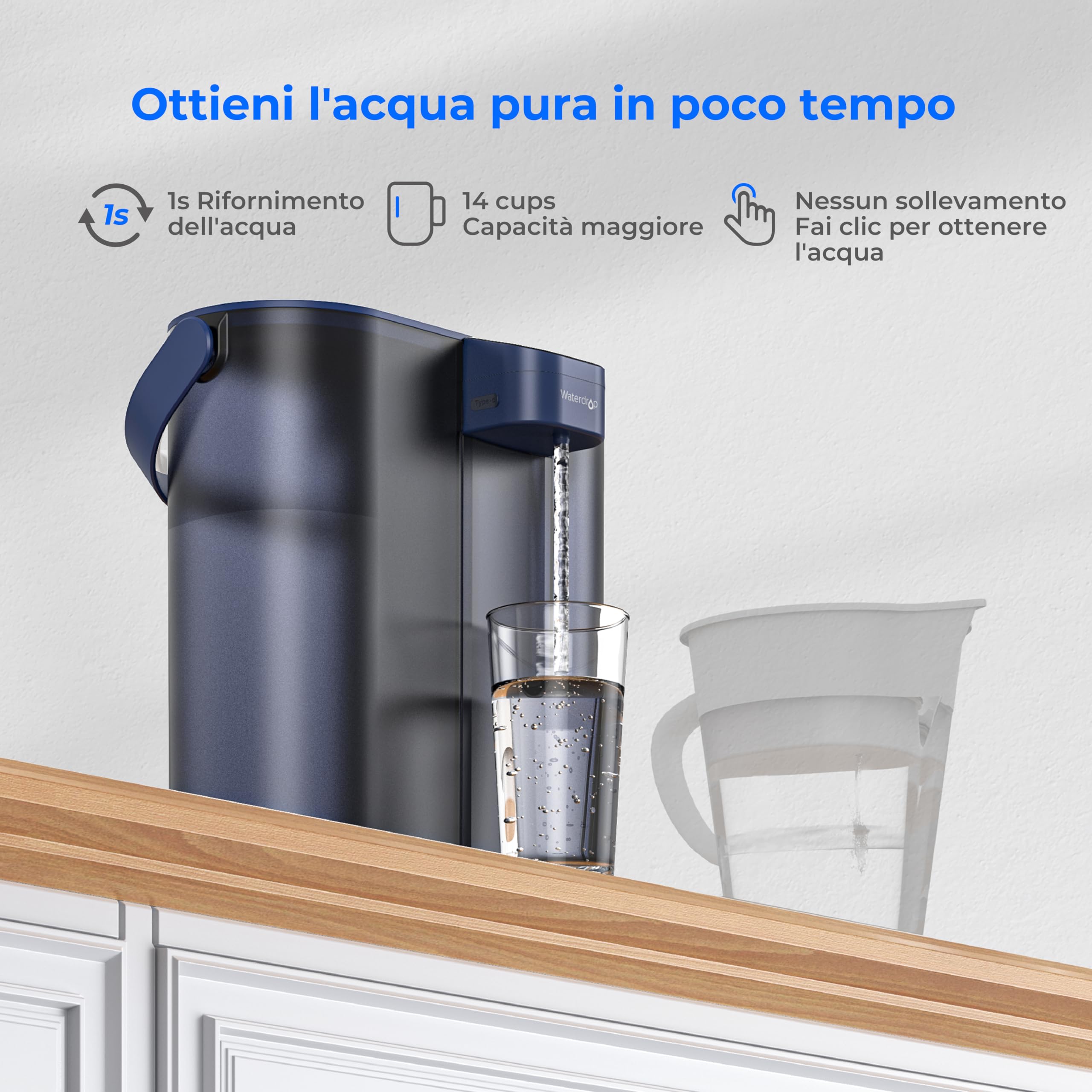 Waterdrop Caraffa Filtrante per Frigorifero Elettrico Istantaneo con Filtro 3 Mesi, Sistema di Filtraggio dell'Acqua da Banco, Riduce Cloro, Piombo, Mercurio, Riduce PFAS, 757 Litri, Blu