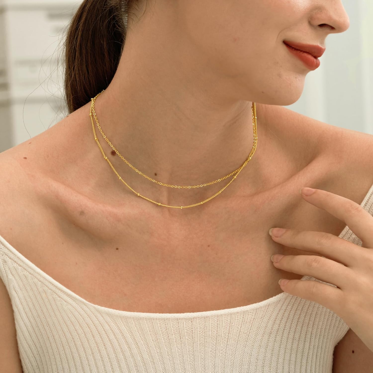 CHESKY 14k Gold Plated/Silver Plated Dainty Necklace for Women, Trendy Satellite Choker Necklace Thin Beaded Layered Choker Necklaces Discs Paperclip Chain Necklaces Womens Simple Jewelry - Image 4