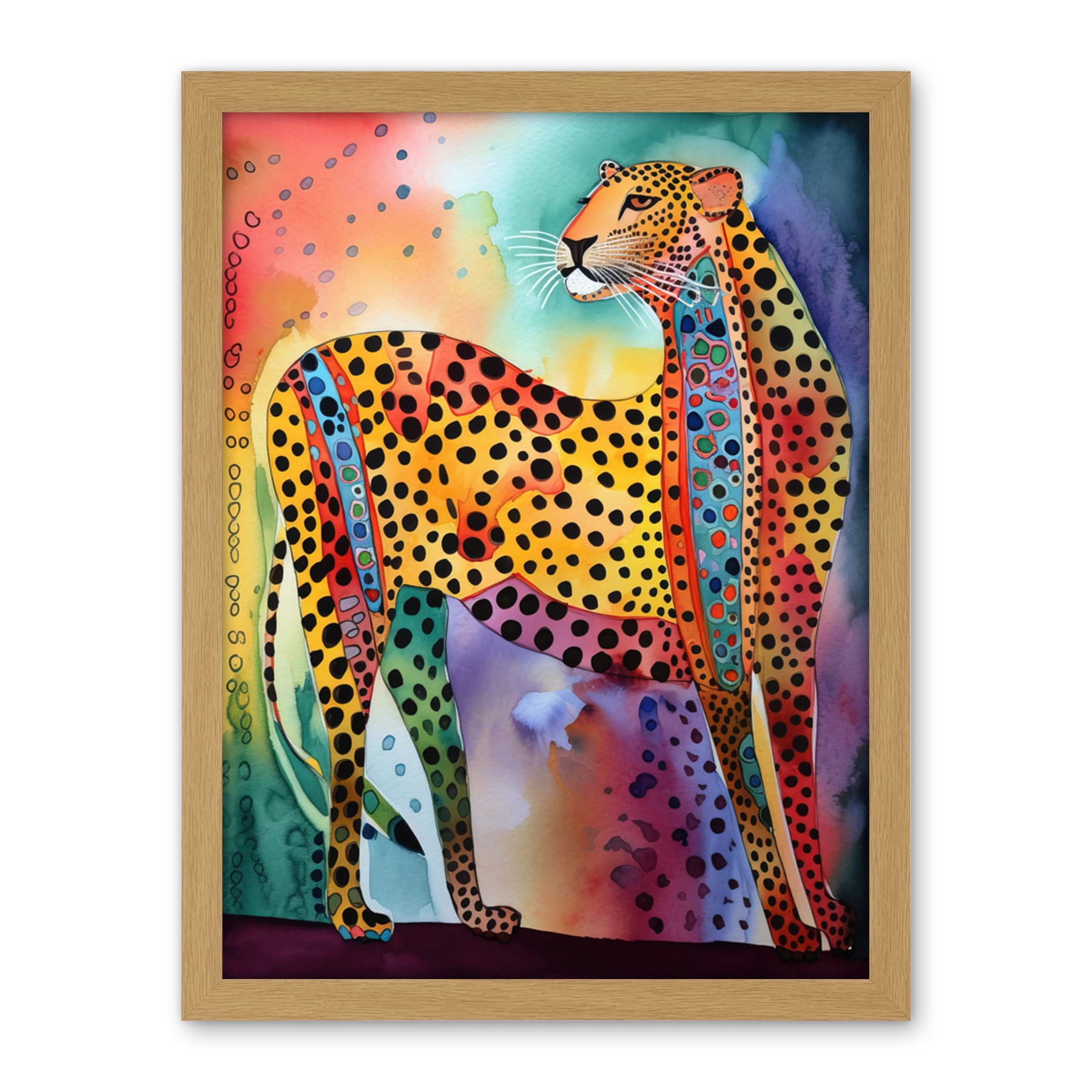 Artery8 Colourful Cheetah Folk Art Watercolour Painting Artwork Framed Wall Art Print 18X24 Inch