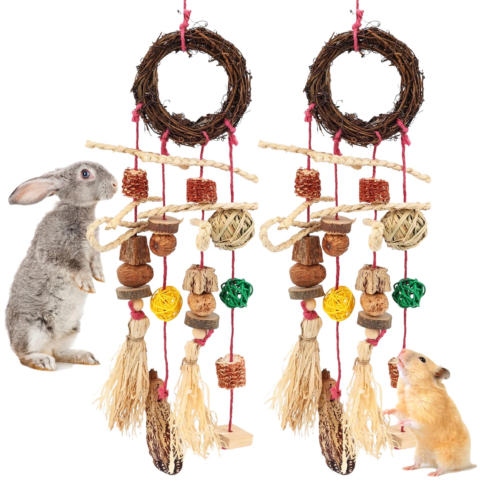 MENIBBLER 2Pcs Rabbit Chew Toys Boredom Breakers Multi Material Small Animal Treats for Teeth Grinding, Small Pet Cage Hanging Accessories Chewing Toy for Bunny Hamster Guinea Pig Chinchilla(Style 1)