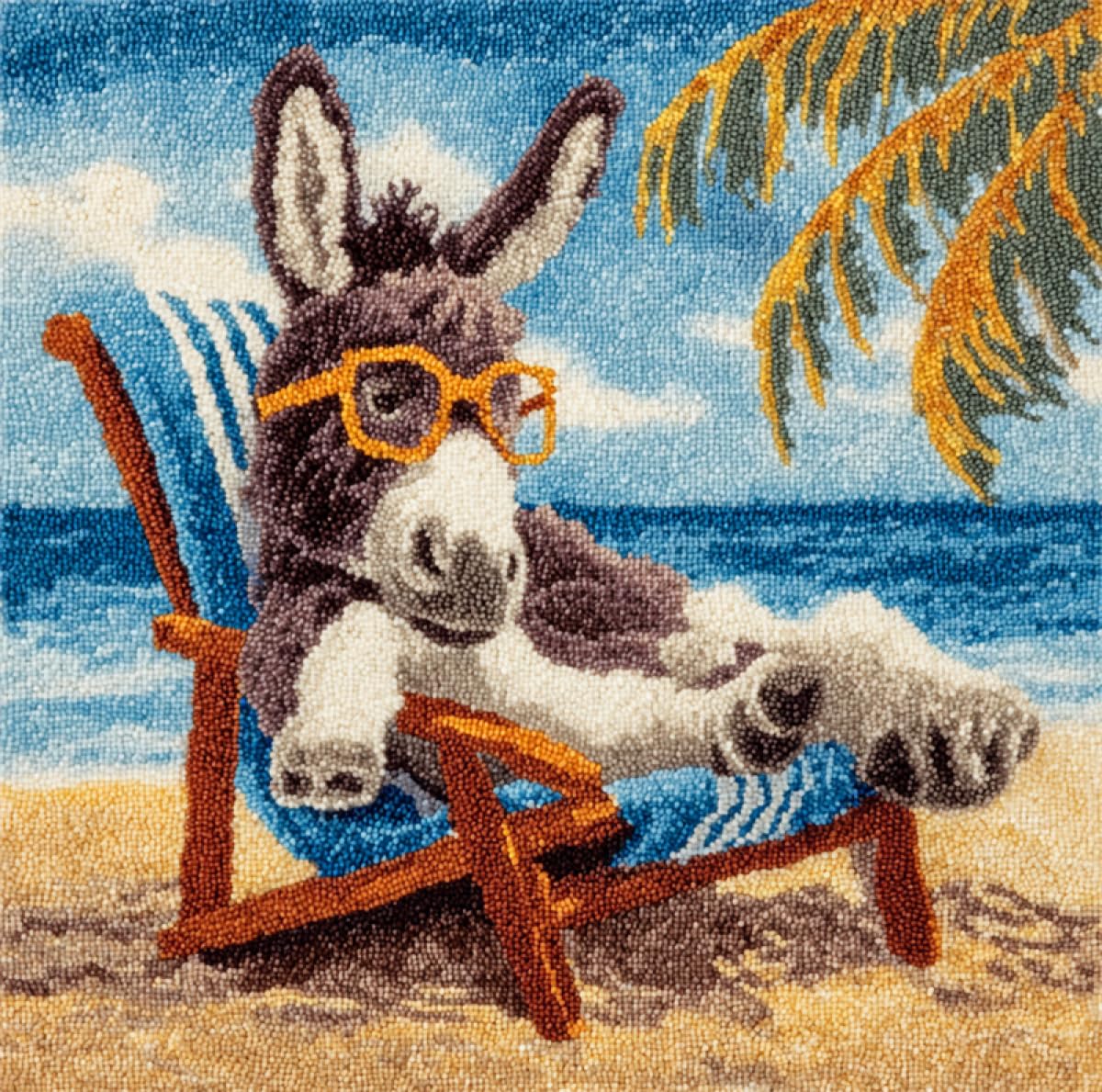 Rkflgew D Iy Latch Hook Pillow Kit Beach Chairs An Donkey Animals Pillowcase/Cushion Cover Making Set Statement Rug，Diy Latch Hook Kits For A Starter Project 43X43cm