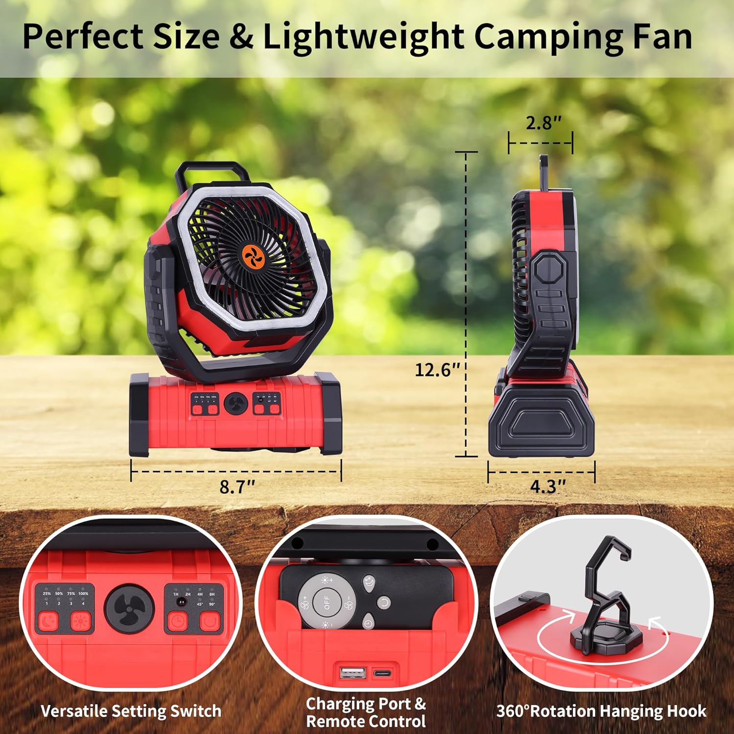 Battery Powered Fan Portable,20000mAh Rechargeable Camping Fan with LED Lantern,Auto-Oscillating USB Personal Battery Operated Fans Portable for Tens & Hanging Hook (Red) - Image 6