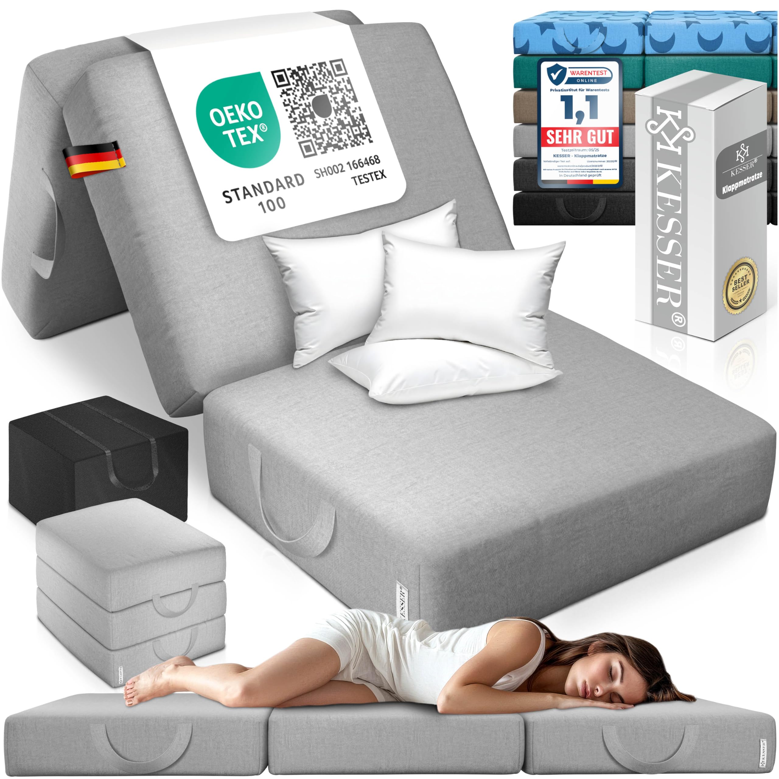 KESSER® Klappmatratze 90 x 200 x 15 cm Gästematratze 3-Fach faltbar zum Sitzhocker Faltmatratze Schaumstoff 25kg/m³ extra dick 15cm atmungsaktiv waschbar Abnehmbarer Bezug inkl. Camping Tragetasche