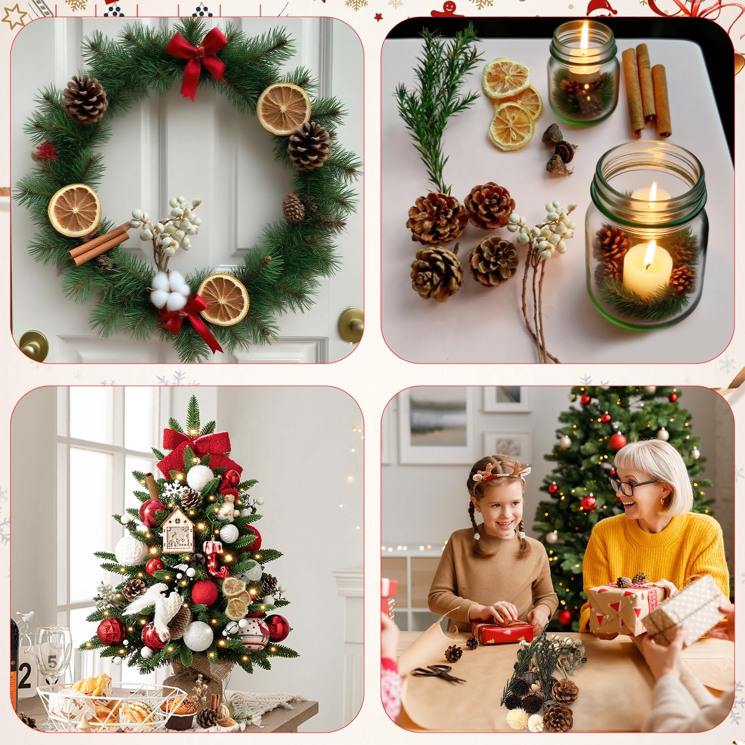 Prmape Decorazioni Corona Avvento, Potpourri Natalizio con Pigne Naturali Arance Essiccate Decorative, Cannella Stecche Decorative e 10M di Corda Per Natale Decorazione Ghirlanda Artigianato