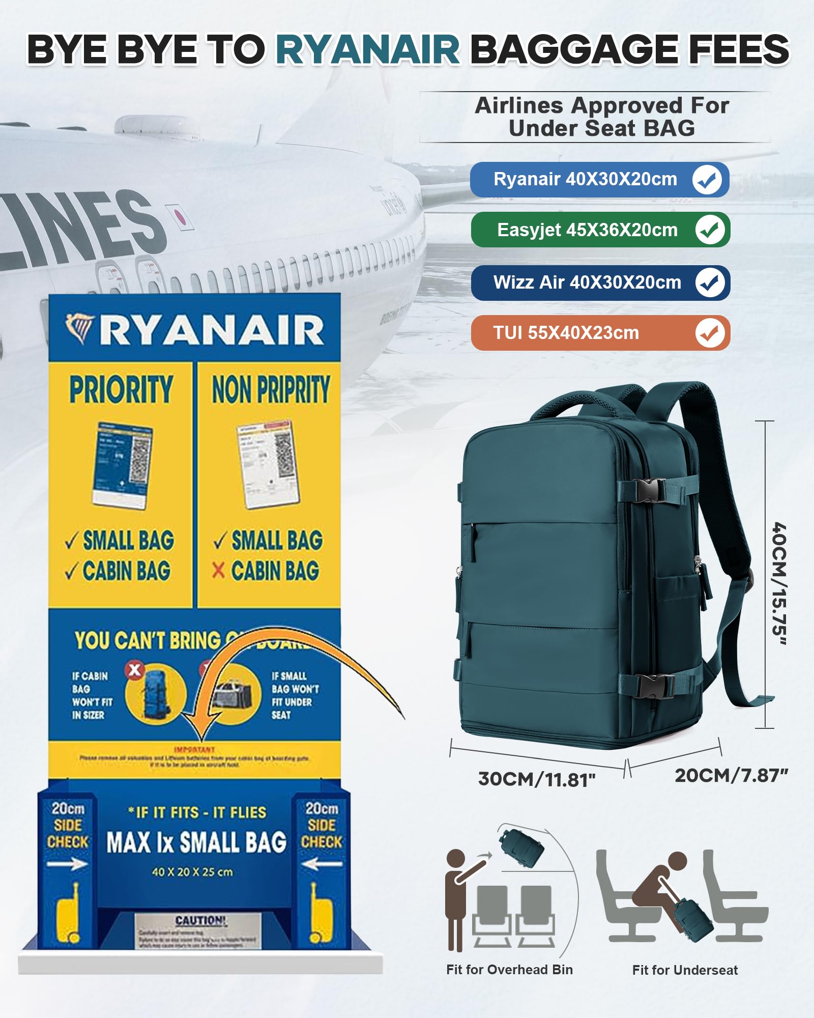 HPLQQ Zaino Bagaglio a Mano Borse da Cabina per Ryanair 40x30x20 Zaino Aereo Zaino da Viaggio donna, Borsa da Viaggio aereo Impermeabile 14 Pollici Zaino Casual Porta PC,E5-blu Pavone