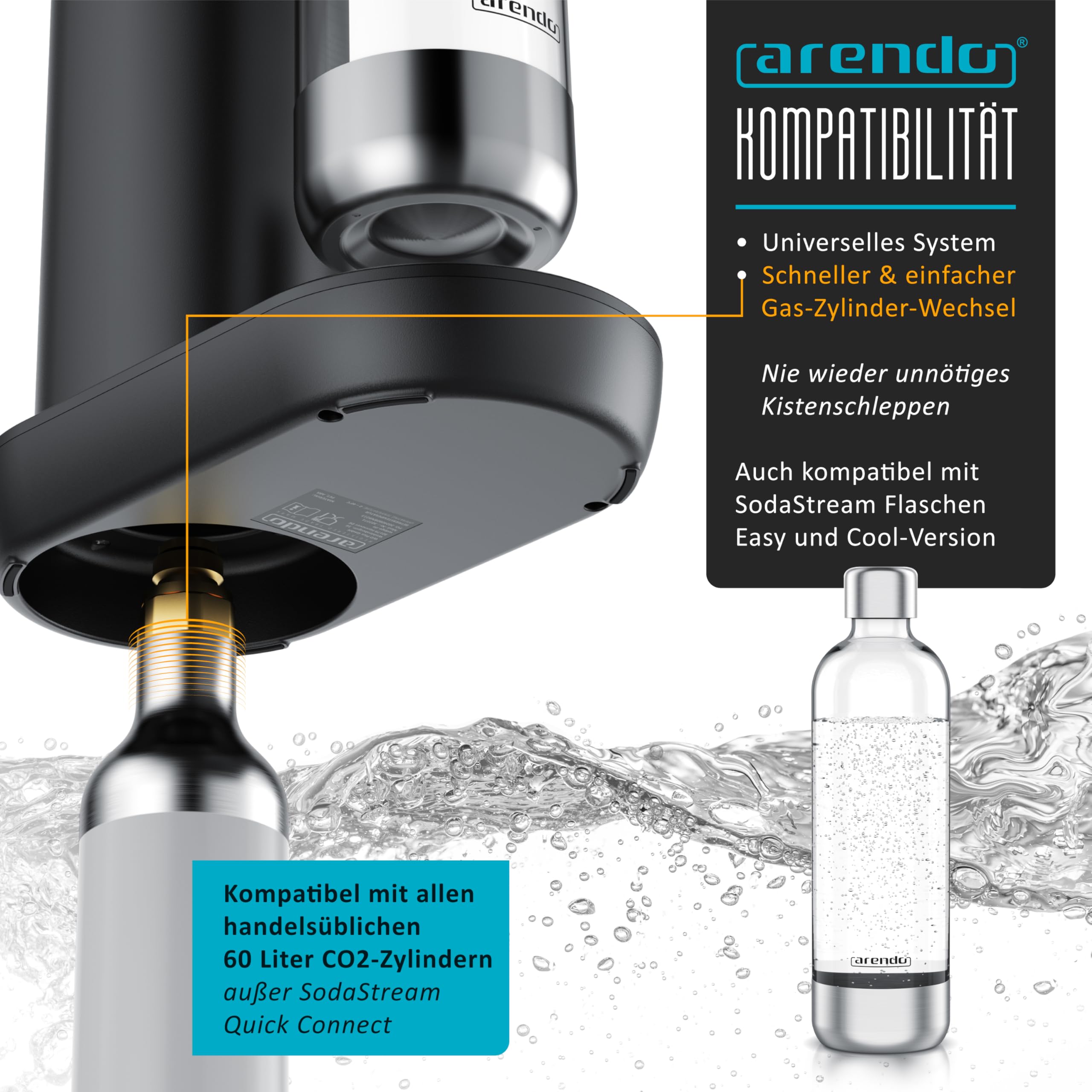 Arendo - Soda Maker Wassersprudler – inkl. 1000 ml Wasserflasche BPA frei – fein dosierbar – Soda Streamer kompatibel mit 60 l CO2 Zylindern