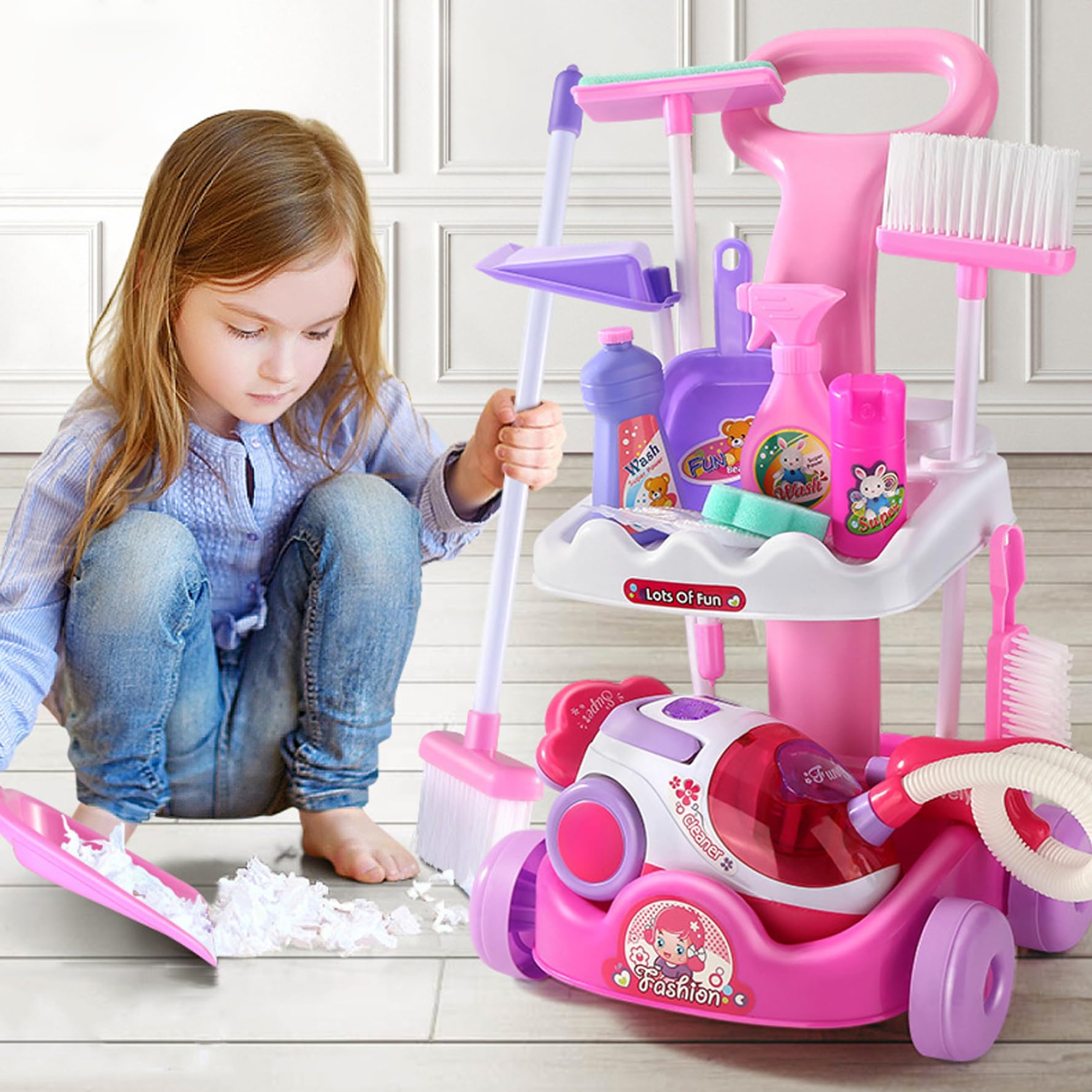Set di Pulizia per Bambini Carrello di Pulizia per Giochi di Ruolo Set di educativo per Bambini con aspirapolvere funzionante, Scopa, Bottiglia Spray e Altro per 1-3