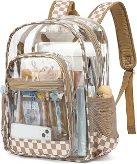 Checkered khaki clear backpack with PVC panels