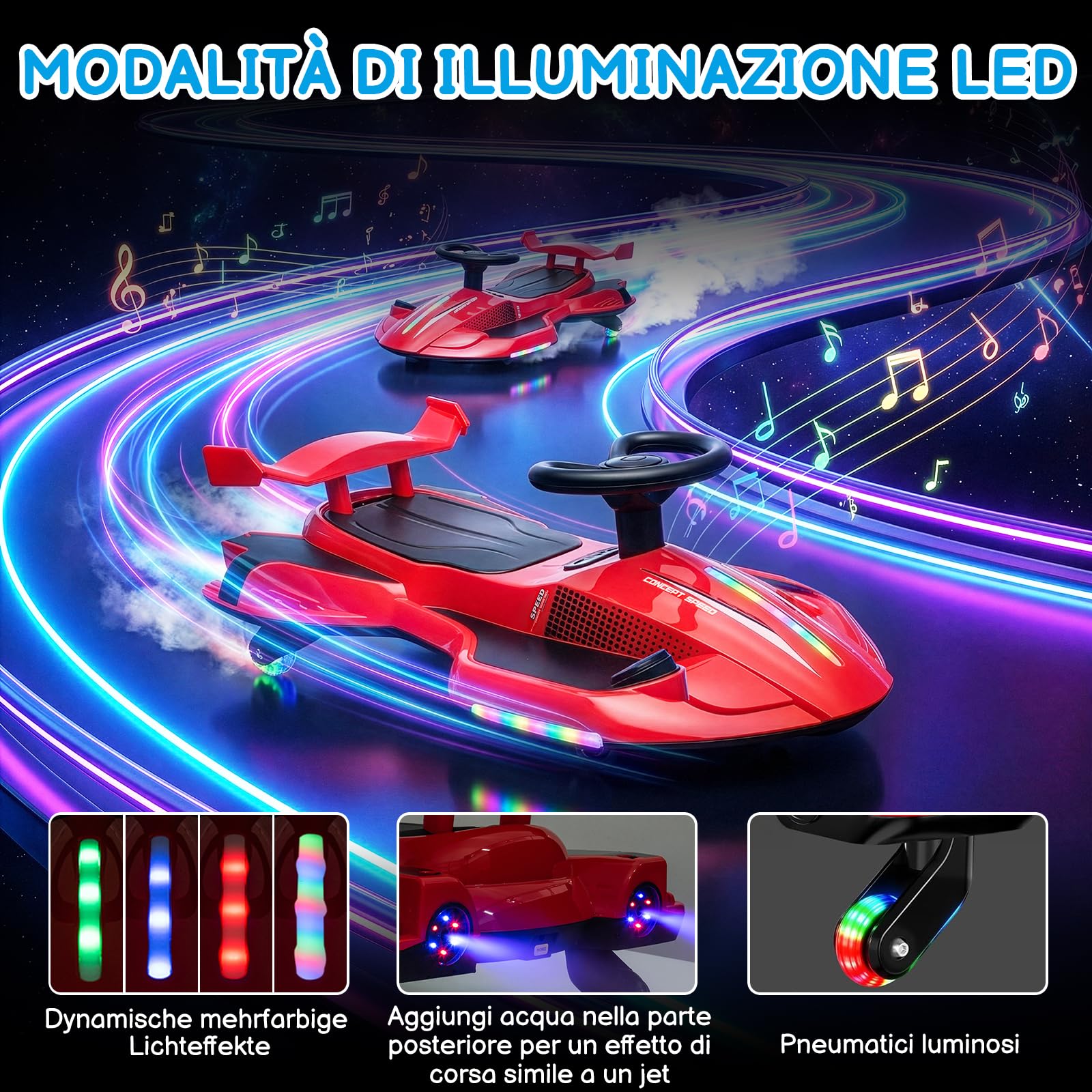 LALAHO Coche Eléctrico para Niños 12V, Coche de batería con Pedal, vehículo eléctrico 2 en 1 con 2 velocidades, Luces LED, protección antivuelco y Ruedas iluminadas, 3 años+ (Rojo-Negro)