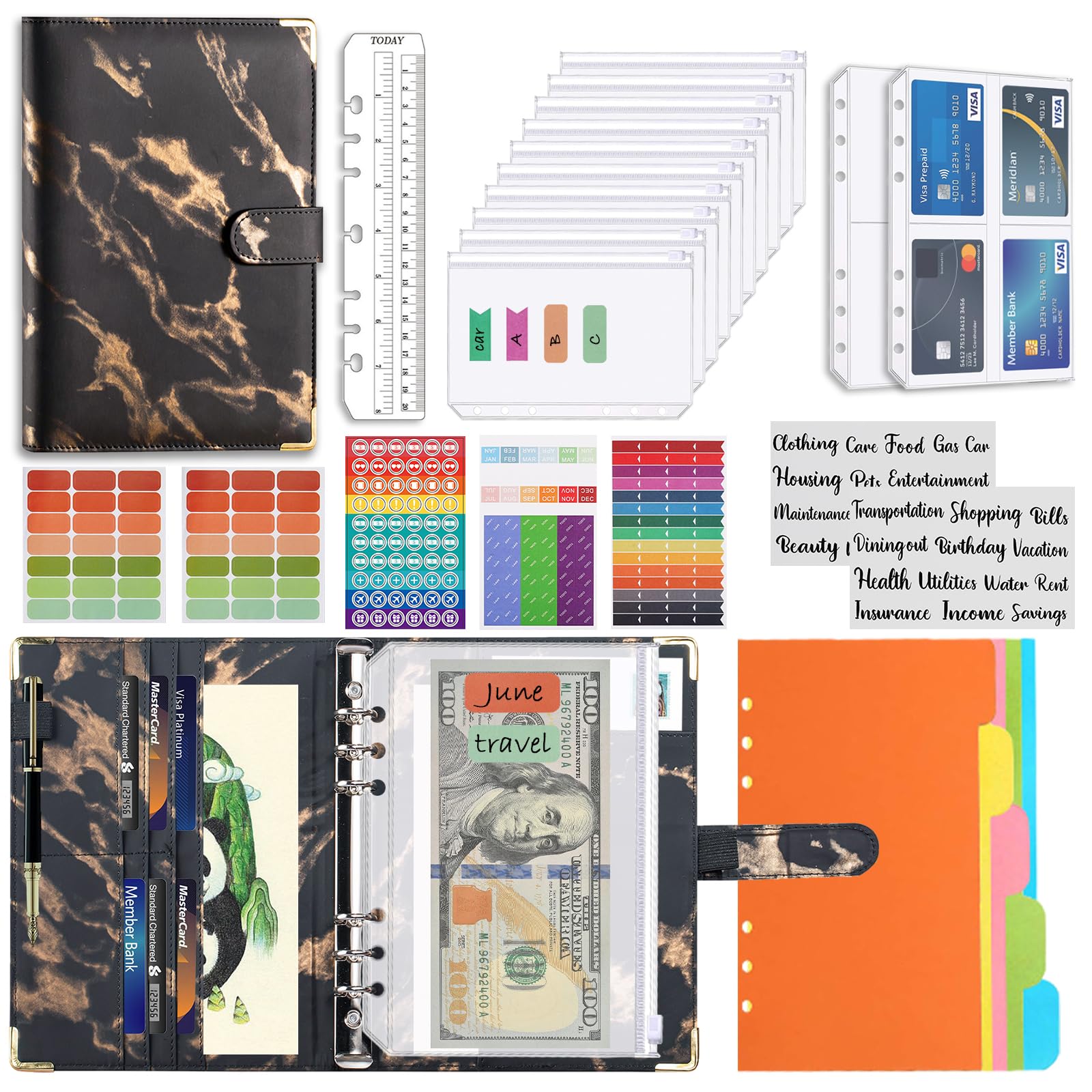 AMTAM A5 Budget Binder Planner with Cash Envelopes for Budgeting, Money Saving Binder Organizer with 12 Budget Envelopes with Zipper Pockets-Marble Black