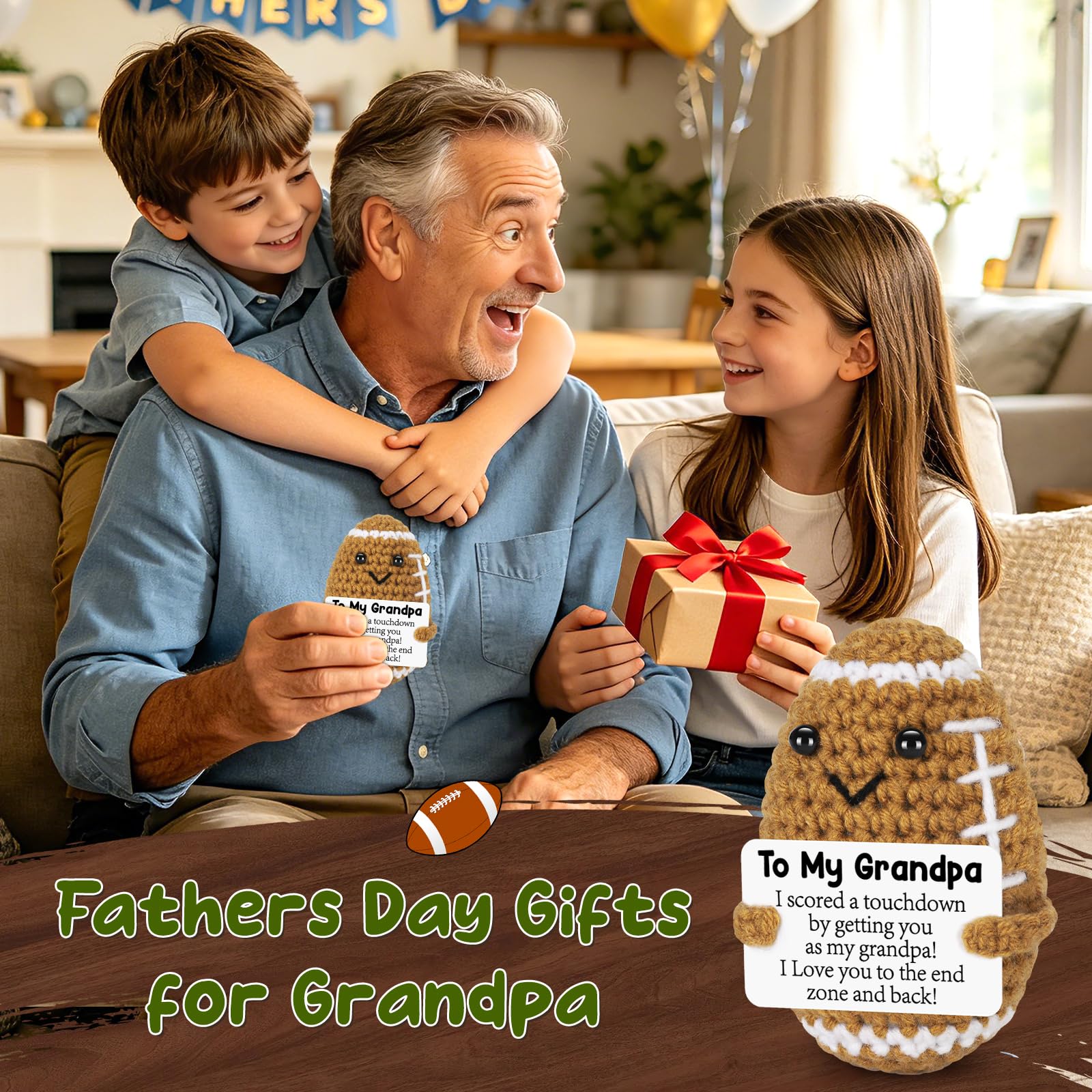 Mini Funny Grandpa Fathers Day Birthday Gifts from Grandkids, Handmade Crochet Football Grandpa Gifts from Granddaughter Grandson Cute Decor, Great Grandfather Grandparents Present for Father's Day