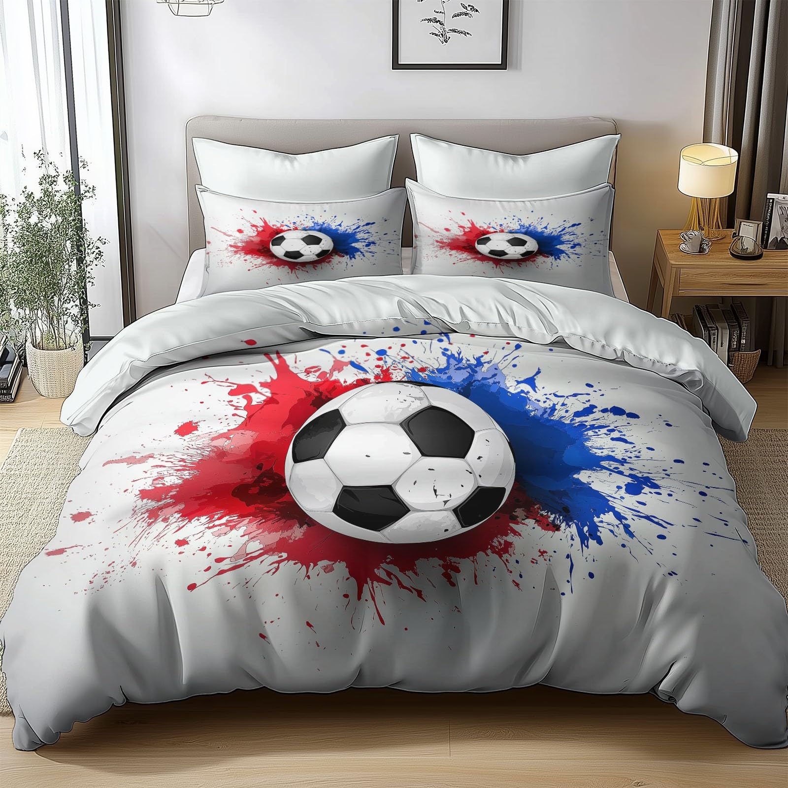 Dwustronna poszewka na kołdrę łóżko Futbol Farba z mikrofibry Edredon 3 sztuki z 2 poszewkami na poduszki 50 x 75 cm szary nadruk poszewka na kołdrę z zamkiem błyskawicznym