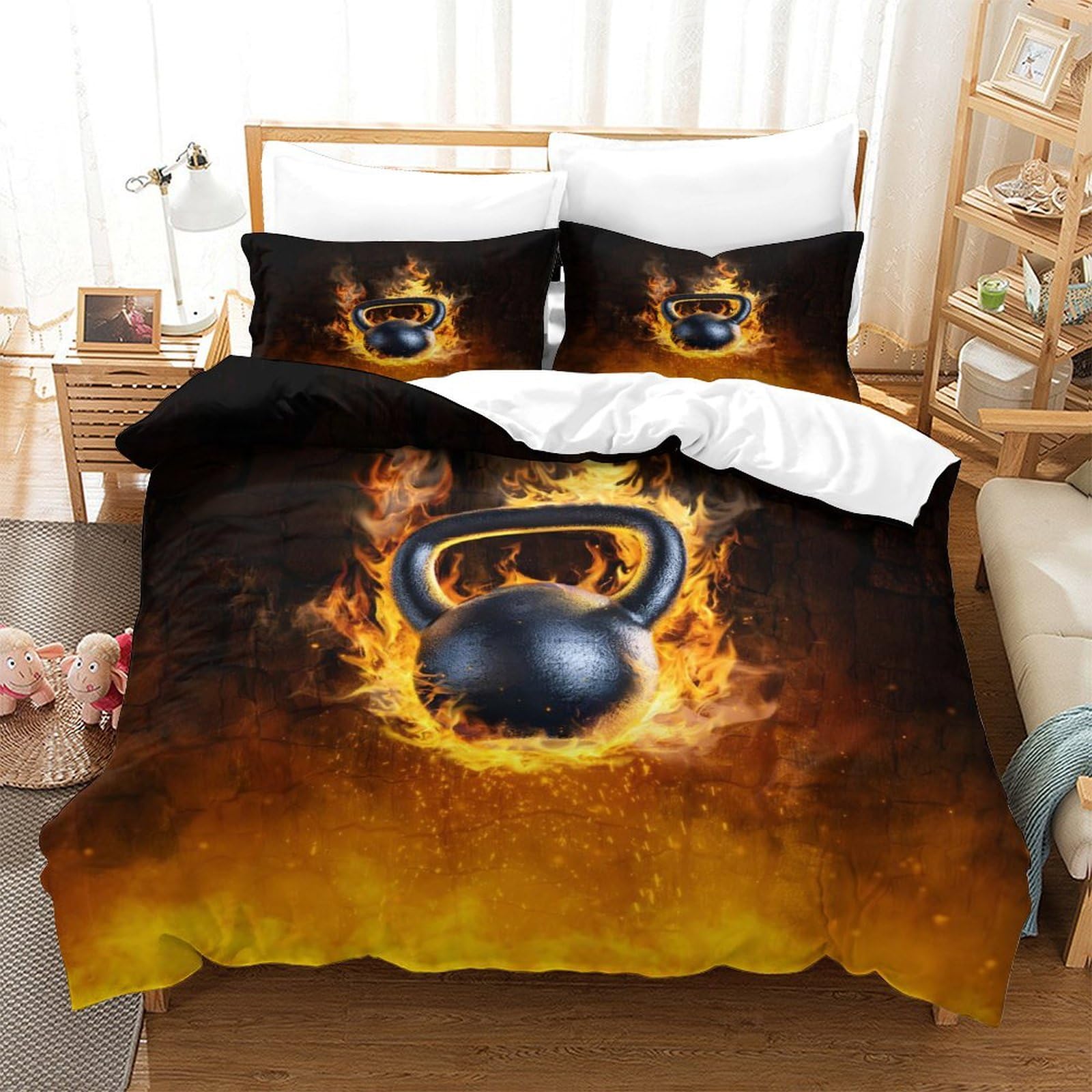 Burning Kettlebell Sports Theme Kids Bedding Set Full Size Comforter Set 3Pcs Breathable Duvet Cover Set Ultra Soft 3D Quilt Set with Zipper Closure Bedclothes, Easy Care Durable Double（200x200cm）