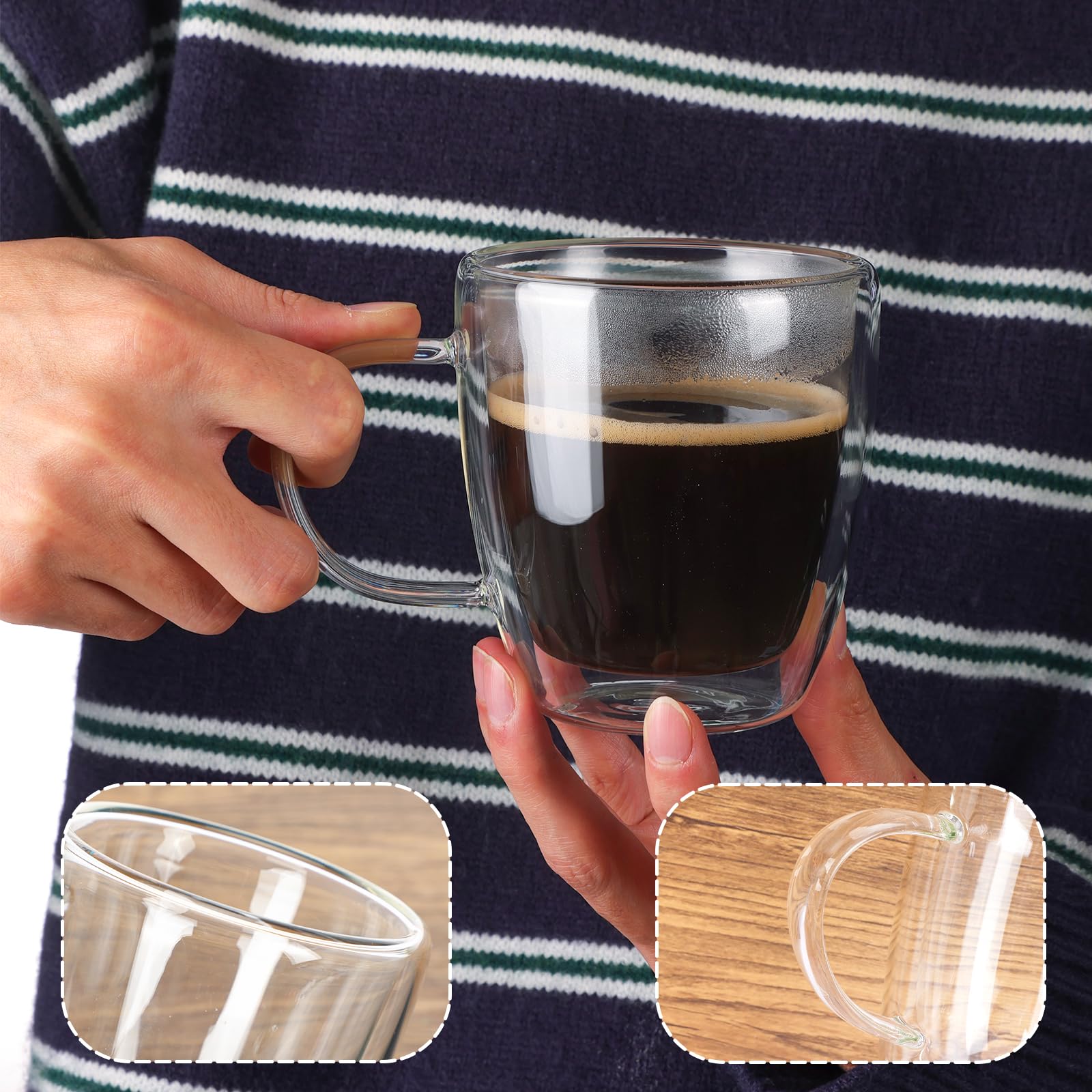 Moretoes 6 Pack 16oz Double Wall Coffee Mugs, Espresso Cups With Handles, Clear Glass Mugs, Insulated, Cappuccino, Tea, Latte Cups, Beverage Glasses Heat Resistant