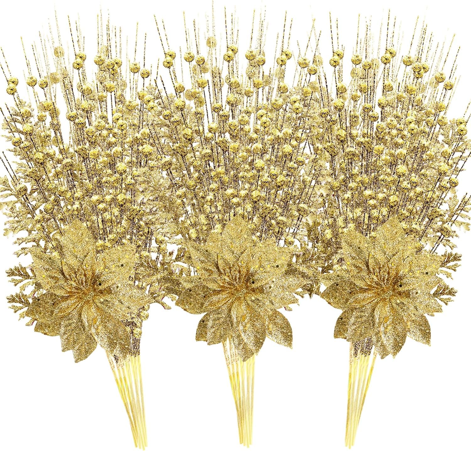 PetalUp 18 Pack Artificial Glitter Berry Stem Ornaments, Gold