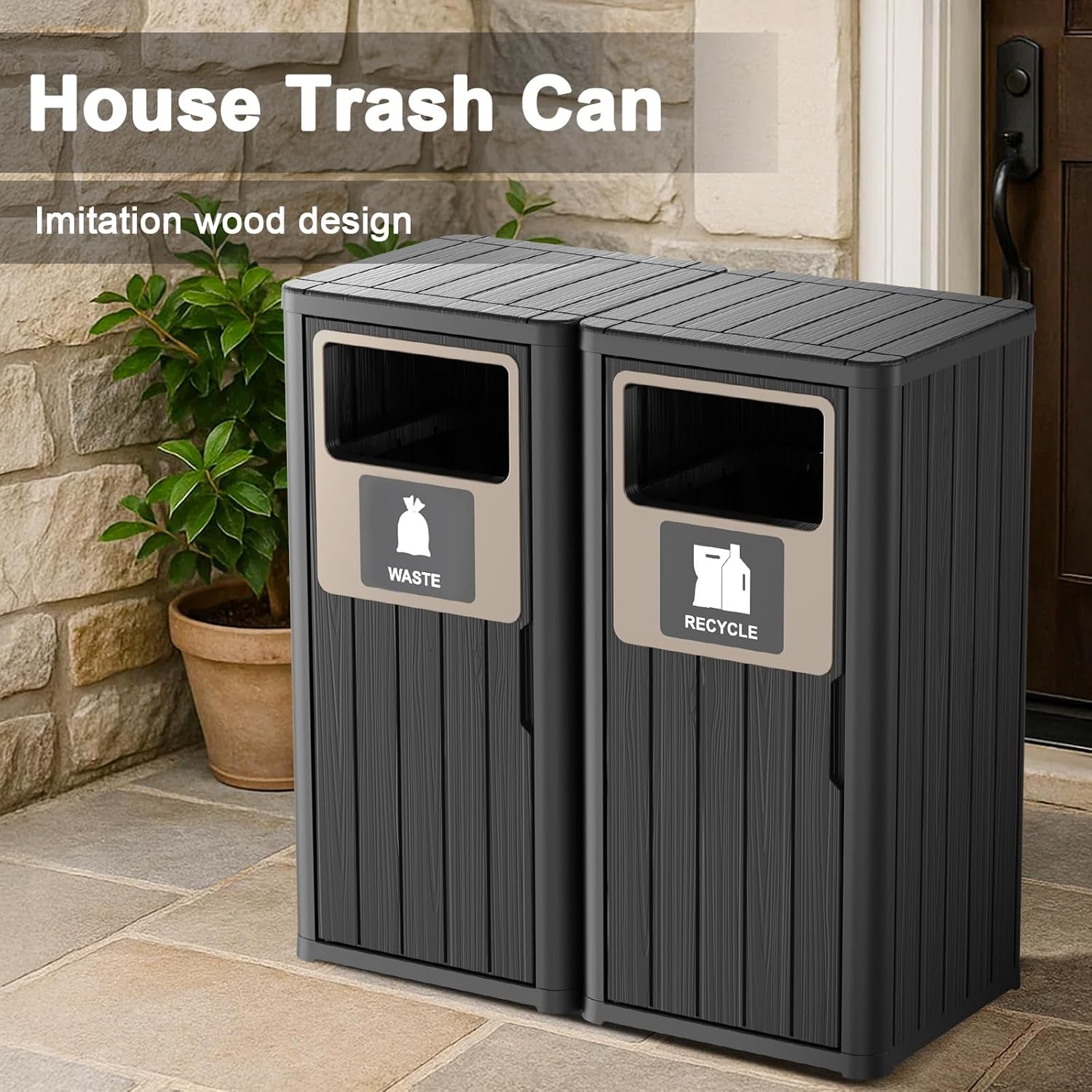 ROJIK 44 Gallon Outdoor Trash Can,Weatherproof Resin Garbage Indoor Durable Lightweight,Suitable for Patio Office Kitchen,Easy to Clean,Assemble,Durable Lightweight(Waste&Recycle&Composter, Black)