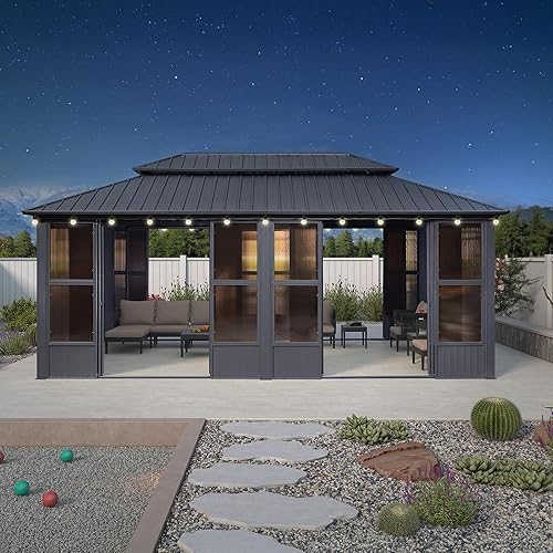 PURPLE LEAF 12' X 20' Solarium with Light Permanent Hardtop Gazebo Galvanized Steel Double Roof Aluminum Outdoor Screened Gazebo for Patio Deck Backyard Grey