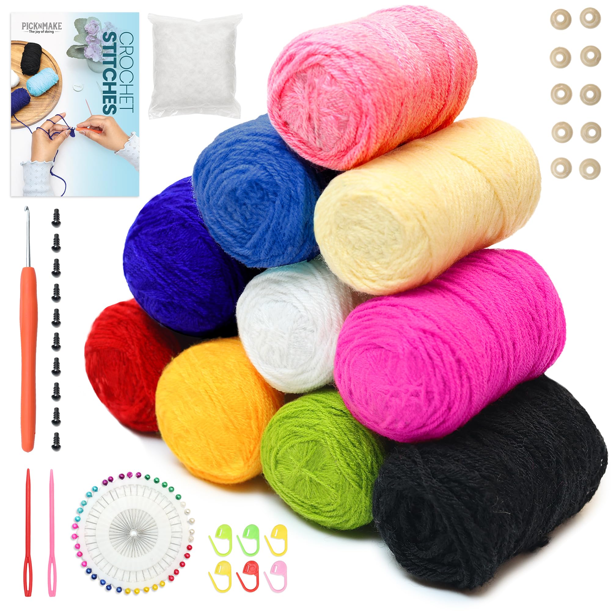 picknmake crochet set kit for beginners adults with yarn, hook & booklet, complete diy crochet kit – 10 yarn colours, hook, needles & booklet. a thoughtful gift for beginners & moms.