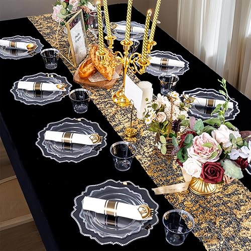 Miniatura 9 de COLOSUS Juego de cubiertos dorados desechables de 350 piezas de plástico transparente para fiesta 50 platos llanos, 50 platos de postre, 50