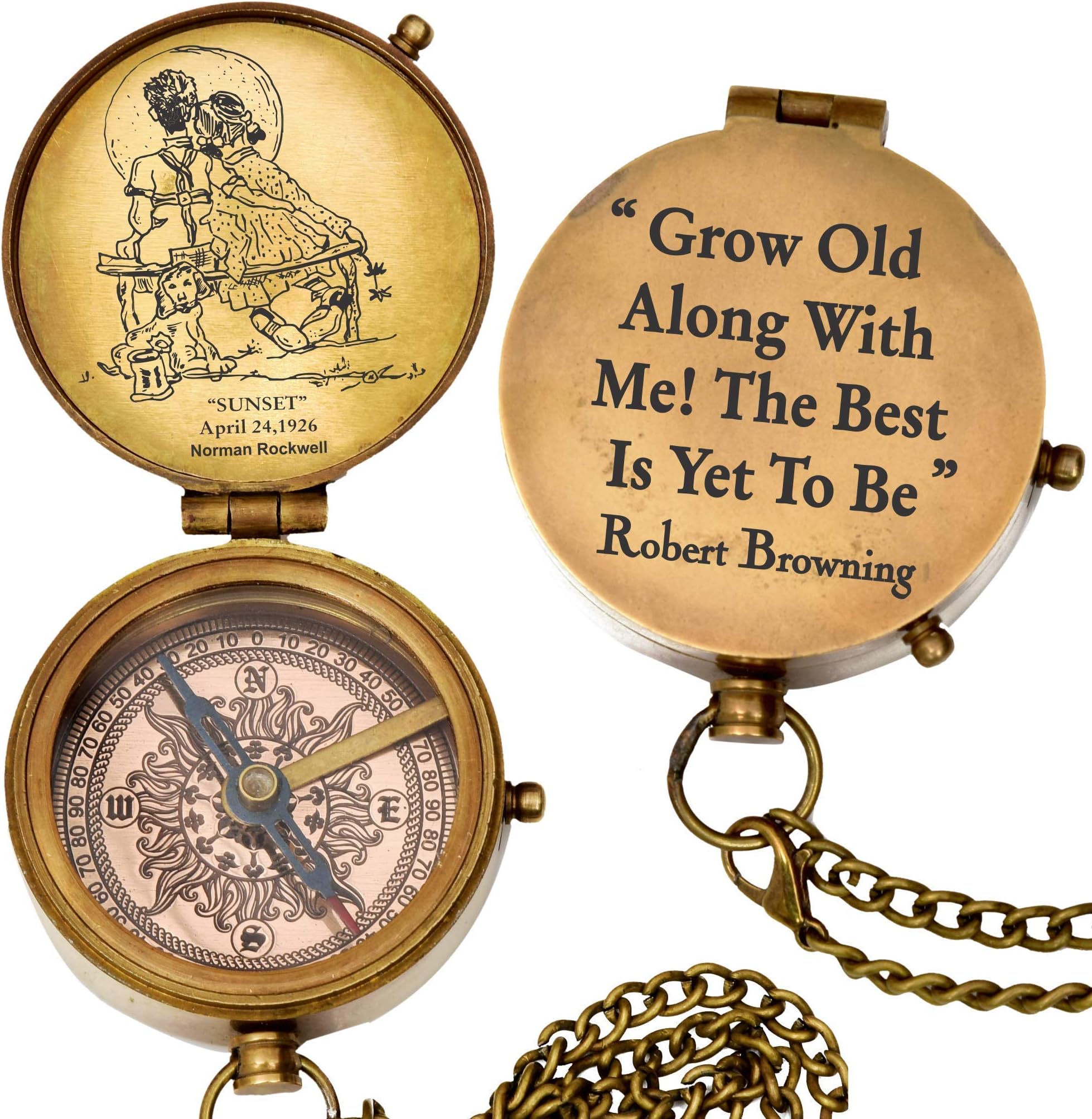 Grow Old Along with me Engraved Compass with Norman Rockwell Sunset Engraving, Valentine Gift, Birthday, Long Distance, Love, Sorry, Keepsakes, Old Memories, Love momentos