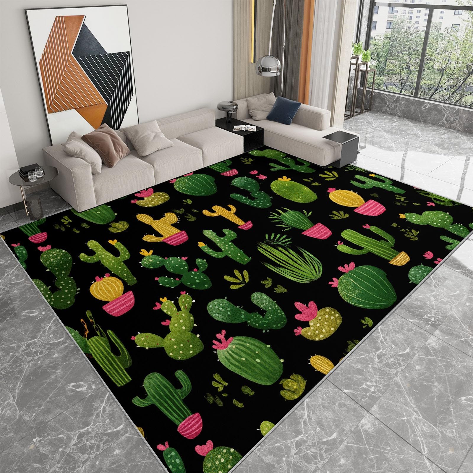 Generisch Minimalny kaktus, pustynny, sukulent, łatwy w pielęgnacji dywan z krótkim włosiem, czarny, 140 x 200 cm, nadaje się do prania w salonie i sypialni, antypoślizgowy spód i przyjazny dla