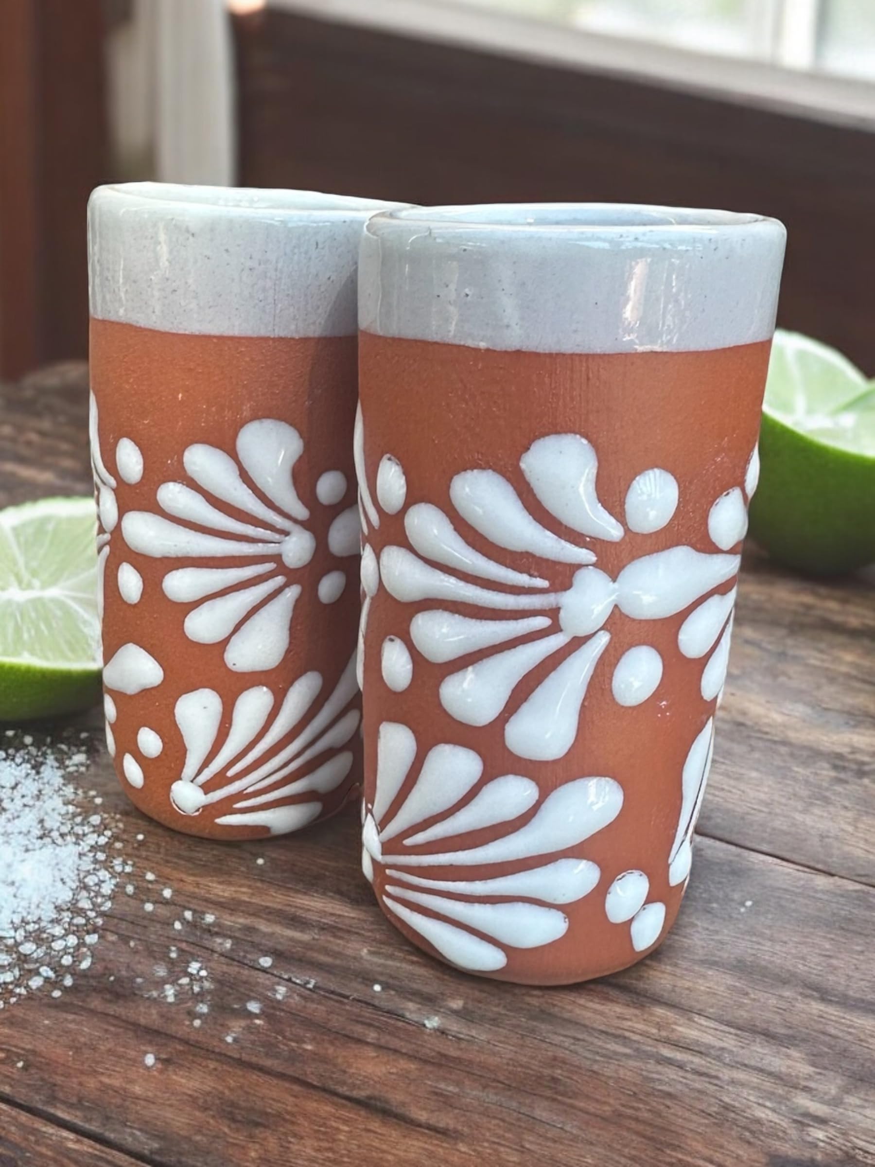 Set of 2 Extra-Large Talavera Shot Glasses – 3oz Mexican Pottery with White Rim and Terracotta Base – Perfect for Tequila, Espresso, Parties, and Wedding Favors