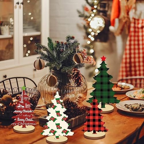 Miniatura 7 de Suzile 25 piezas de madera para árbol de Navidad, decoración de mesa, 5 tamaños, letrero de madera para árbol de Navidad con estrella, 6 patrones,