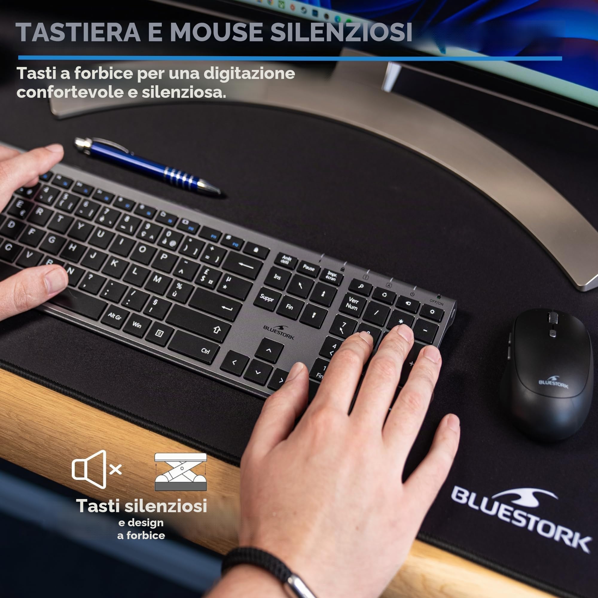 BlueElement - Set Tastiera e Mouse Wireless Grafica Smart Dongle AZERTY FR | Wireless Smart Dongle, Clic Silenziosi, Design Ultra Sottile, Ergonomico, Ricaricabile, Nero, Compatibile PC