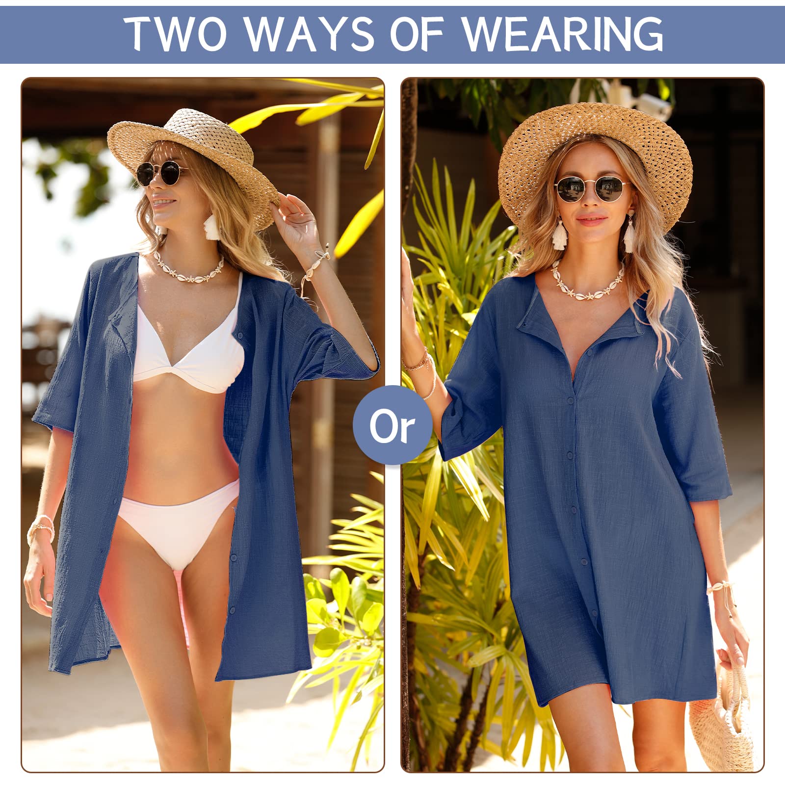 Svanco Mujer Vestido de Playa Transparentes Algodón Blusa de Bikini Cover up Suelto Verano Camisolas y Pareos Color Sólido Casual Ropa de Playa con Boton Trajes de Baño Pareos