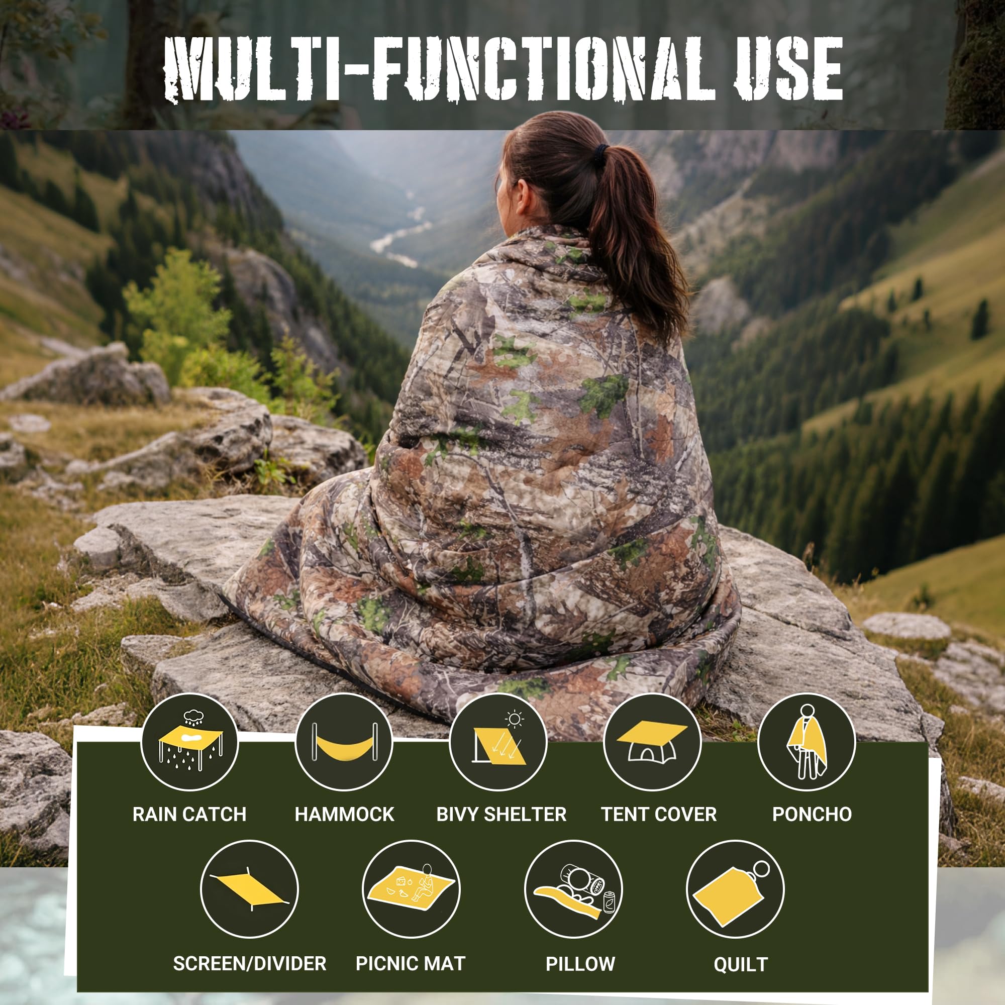 Lenotos Couverture Woobie - Isolation thermique - Poncho militaire - Imperméable - Portable - Isolation - Pour la randonnée - Survie - Avec sac de transport de compression
