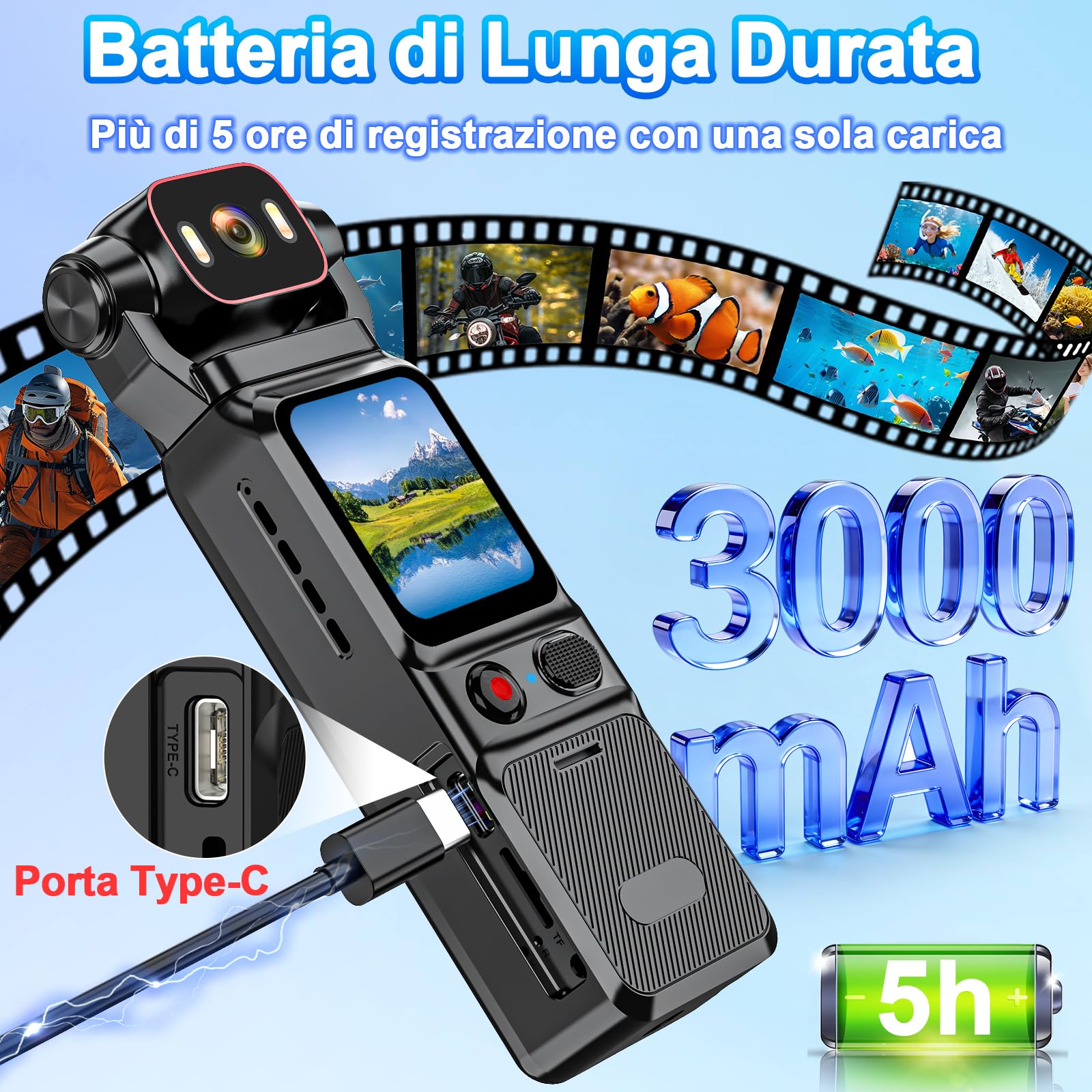 Action Cam 4K WiFi 160° Grandangolo 6 Assi, per Vlog e Viaggi | 5h batteria, 3000mAh, 256GB SD, obiettivo orientabile, LED integrato