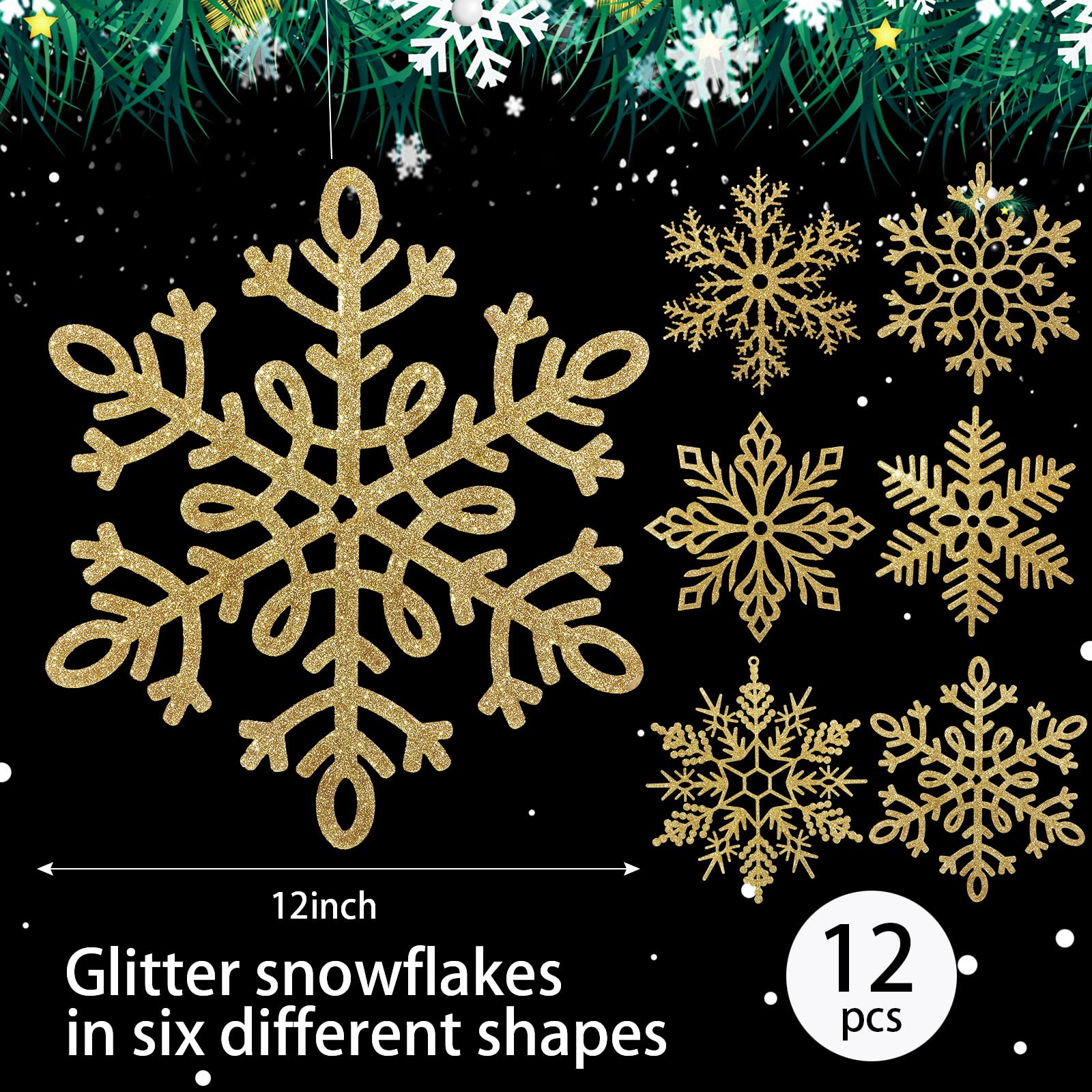 BBTO Large Snowflakes Ornaments 12" Glitter Giant Plastic Snowflake Decorations Oversized Winter Christmas Hanging Decor for Indoor Outdoor(Gold,12 Pack) - Image 2