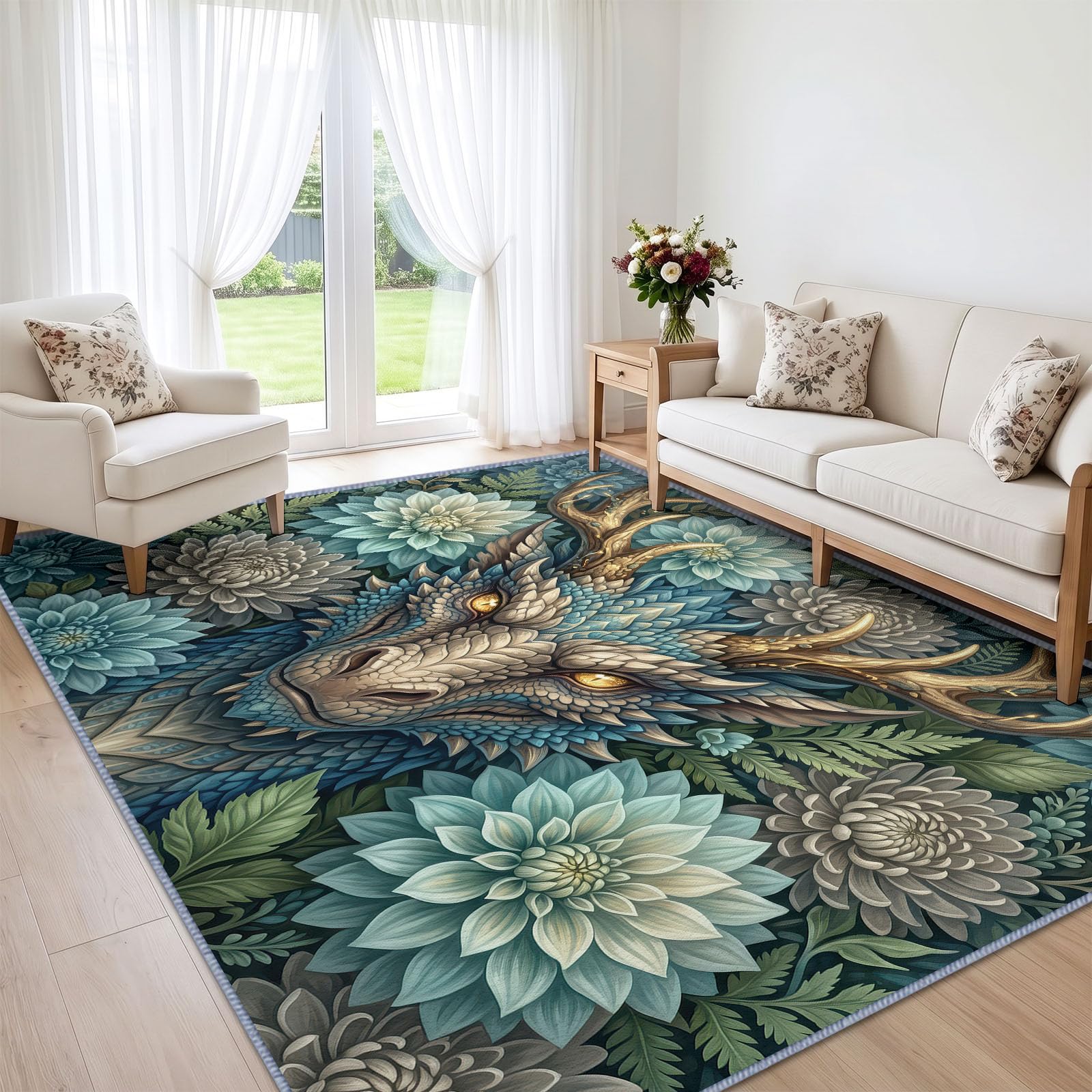 Générique Lavable en Machine Tapis Salon 140x200 cm, Dragon Floral Antidérapant à Poil Ras Tapis, Moderne Fantaisie Décoration Écologique pour Salle à Manger Couloir Chambre Bureau